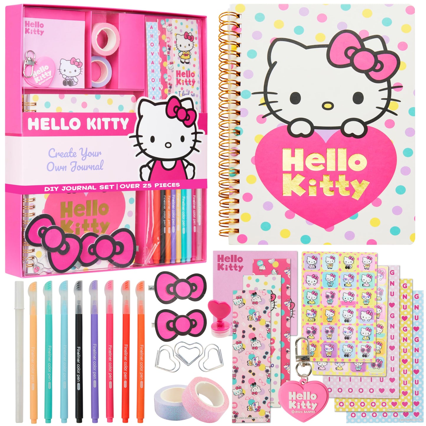 Hello Kitty Sanrio DIY Journal Kit for Girls Tweens, A5 Spiral Notebook with Stickers, Stationery Set, Cute Art & Crafts Supplies, Diary Set, Kawaii Anime Gifts for Girls (Pink Hello Kitty)