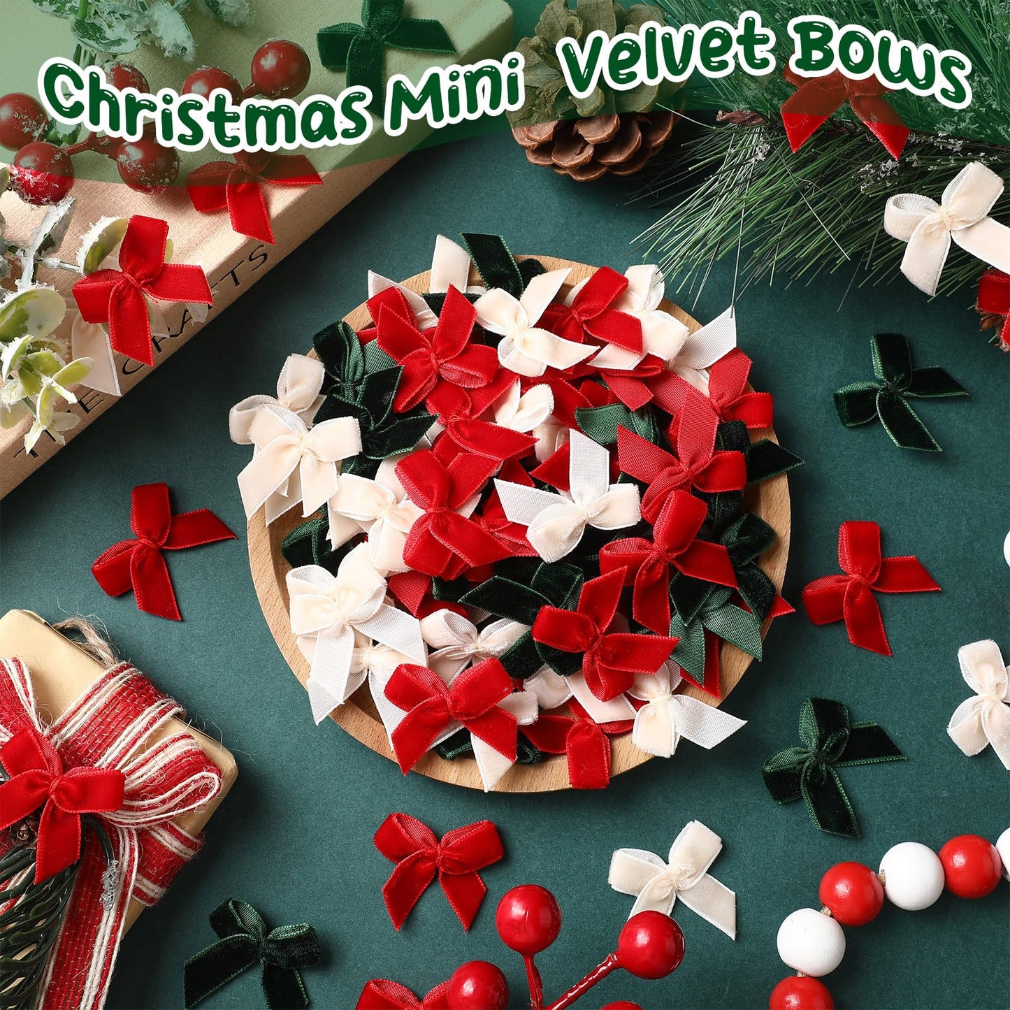 Waydress 120 Pcs Tiny Mini Christmas Velvet Bows for Crafts Xmas Twist Tie Bows Ribbon Bowknot Christmas DIY Craft Sewing Scrapbooking Gift Wrapping(Red, Green, Cream,1 Inch)