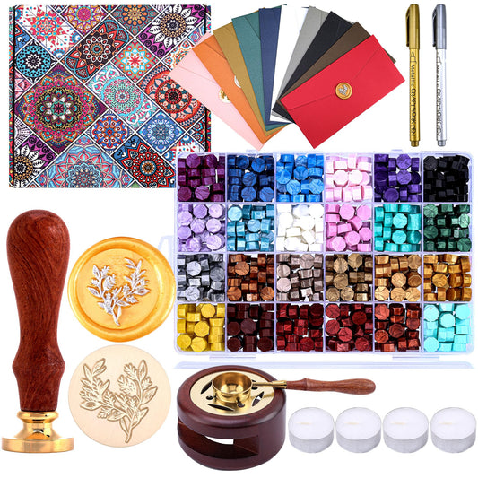 Yoption Eucalyptus Wax Seal Kit with Gift Box, 720pcs 24 Color Wax Seal Beads with Stamp, Warmer, Metallic Pen and Envelope for Invitations, Gifts and Decoration