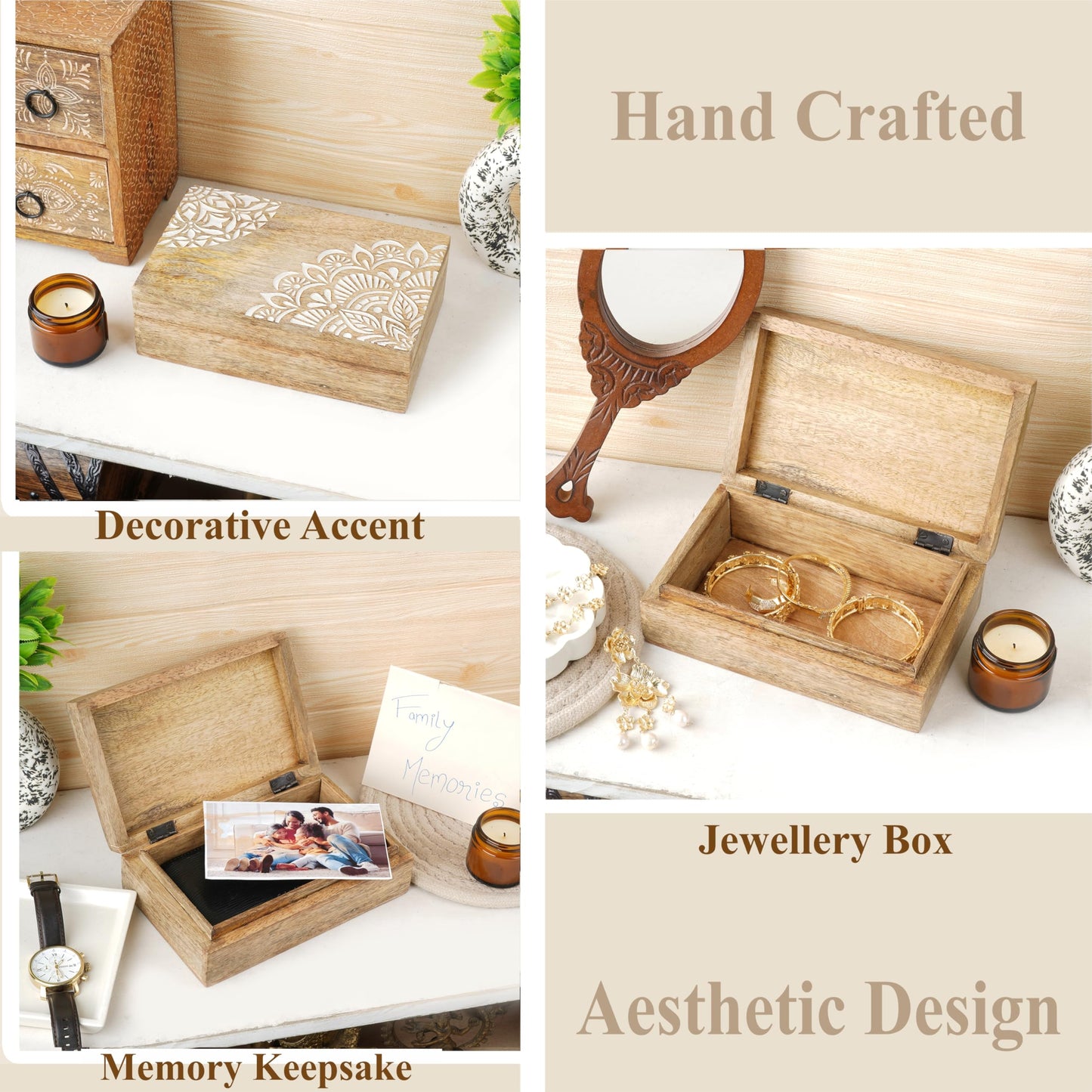 Ajuny Wooden Handmade Decorative Jewelry Storage Box Corner Flower Design Multipurpose Treasure Chest Keepsake Organizer Necklaces Bracelet Watch Boxes Gifts 8x5 Inch
