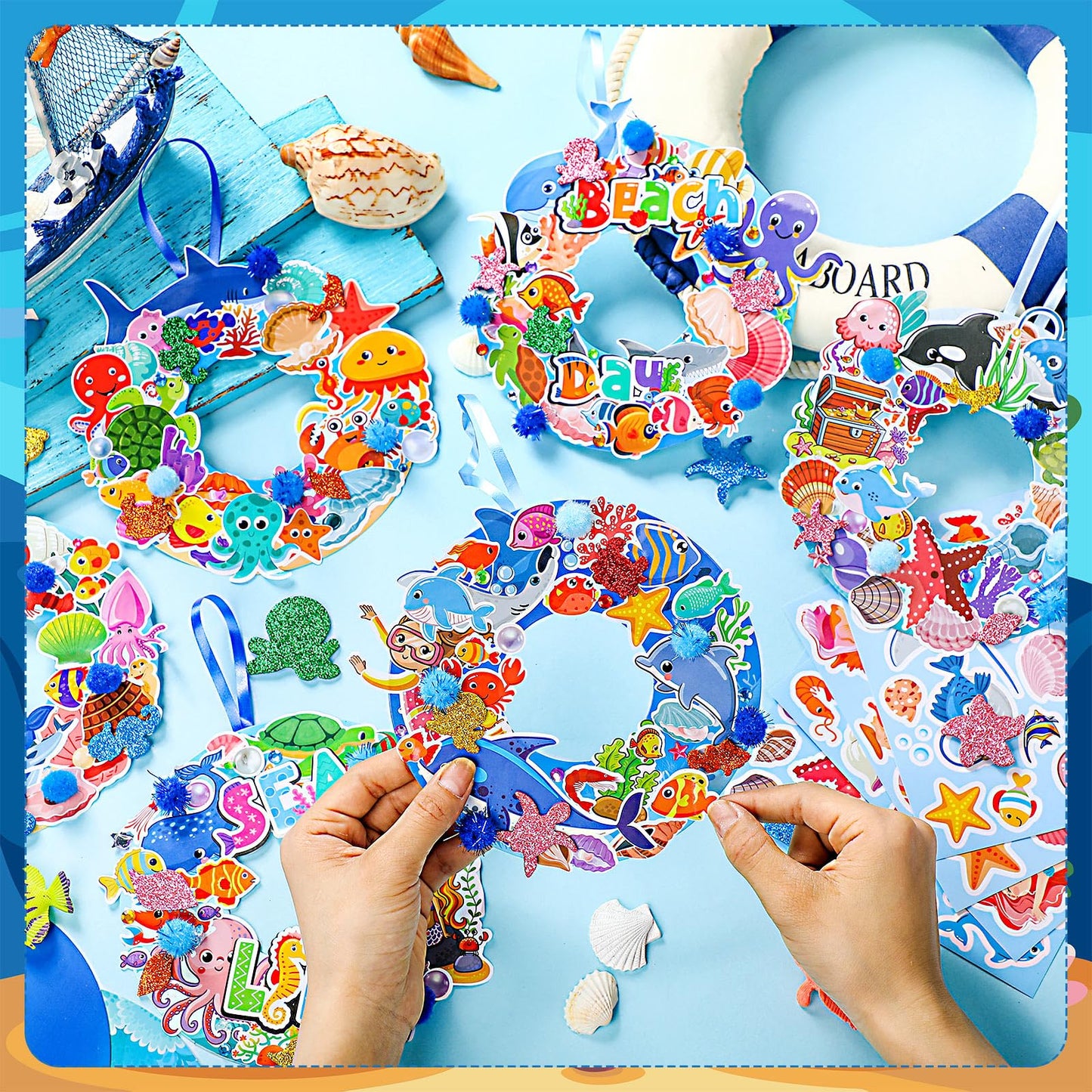 Hollowfly 48 Sets Summer Ocean Wreath Craft Kits DIY Under The Sea Wreath Hanging Ornaments Ocean Make Your Own Paper Craft with Stickers for Home Summer Sea Beach Party Favors Activities