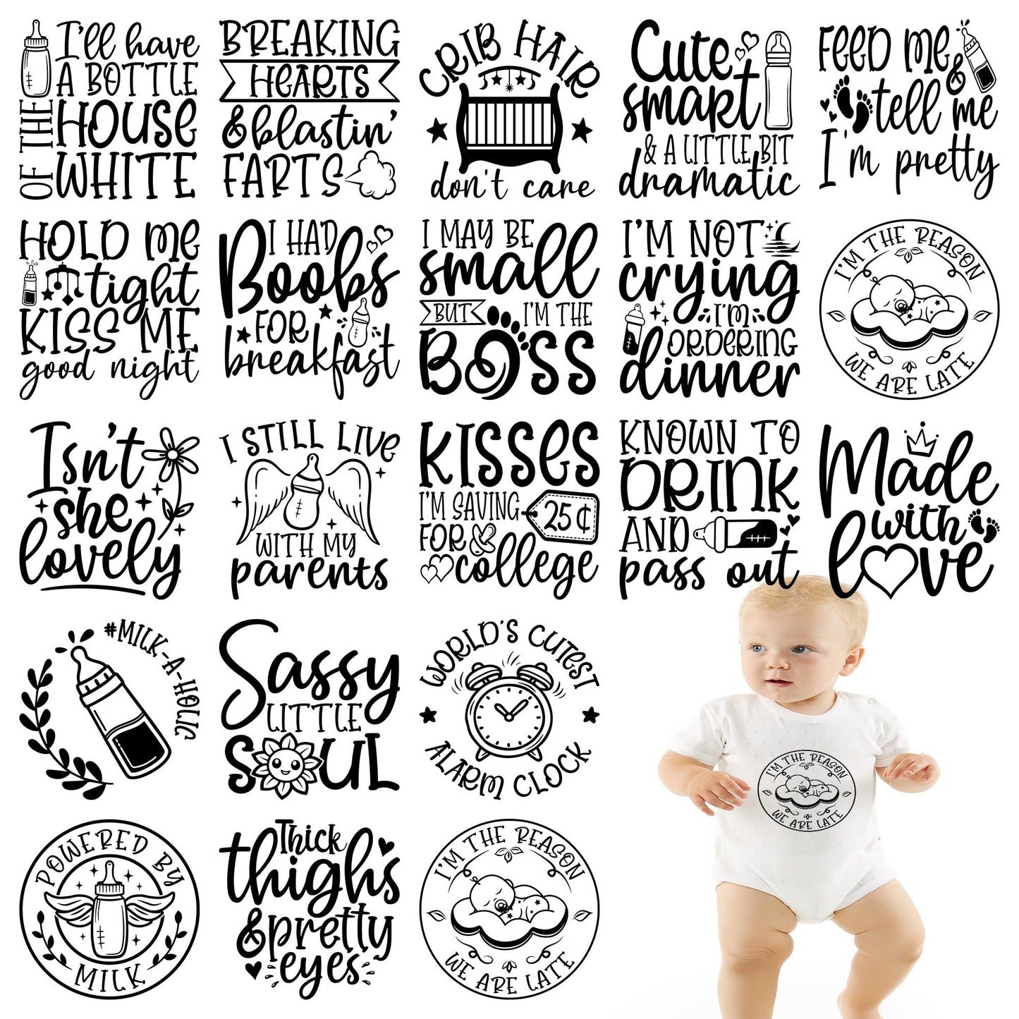 20 Pcs 5.5 Inch Vinyl DTF Heat Transfers for Baby Clothes with Funny Quote Designs for Onesies Bodysuits Bibs and DIY Shower Gifts