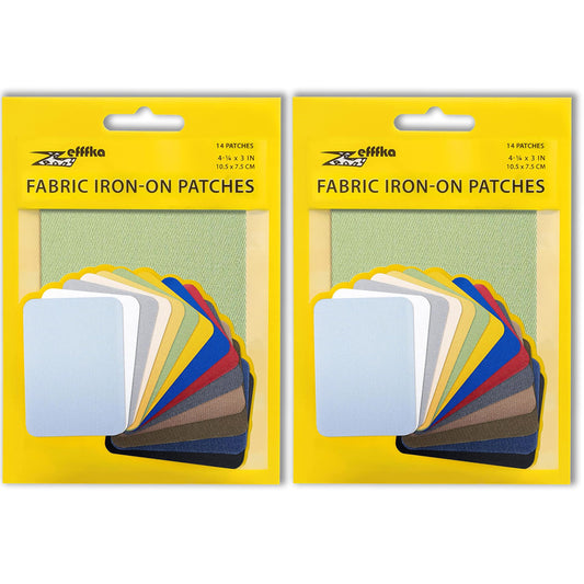 ZEFFFKA 2 Pack of Fabric Iron-on Patches Inside & Outside Strongest Glue 100% Cotton Blue Gray Beige Brown Yellow Red Green Repair Decorating Kit 14 Pieces Size 3" by 4-1/4" (7.5 cm x 10.5 cm)