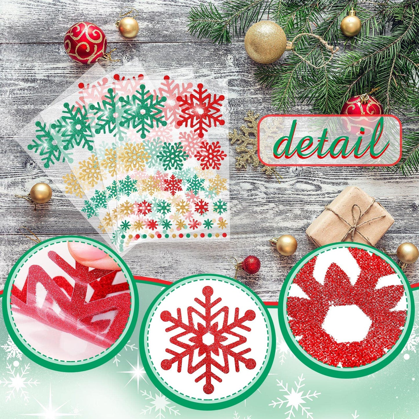 Outus 16 Sheets Snowflake Stickers Glitter Winter Frozen Stickers Snowflake Party Favors Christmas Scrapbook Crafts Assorted Size, 39 Pcs Snow Flakes Dot Decals Per Sheet (Red,Green,Gold)