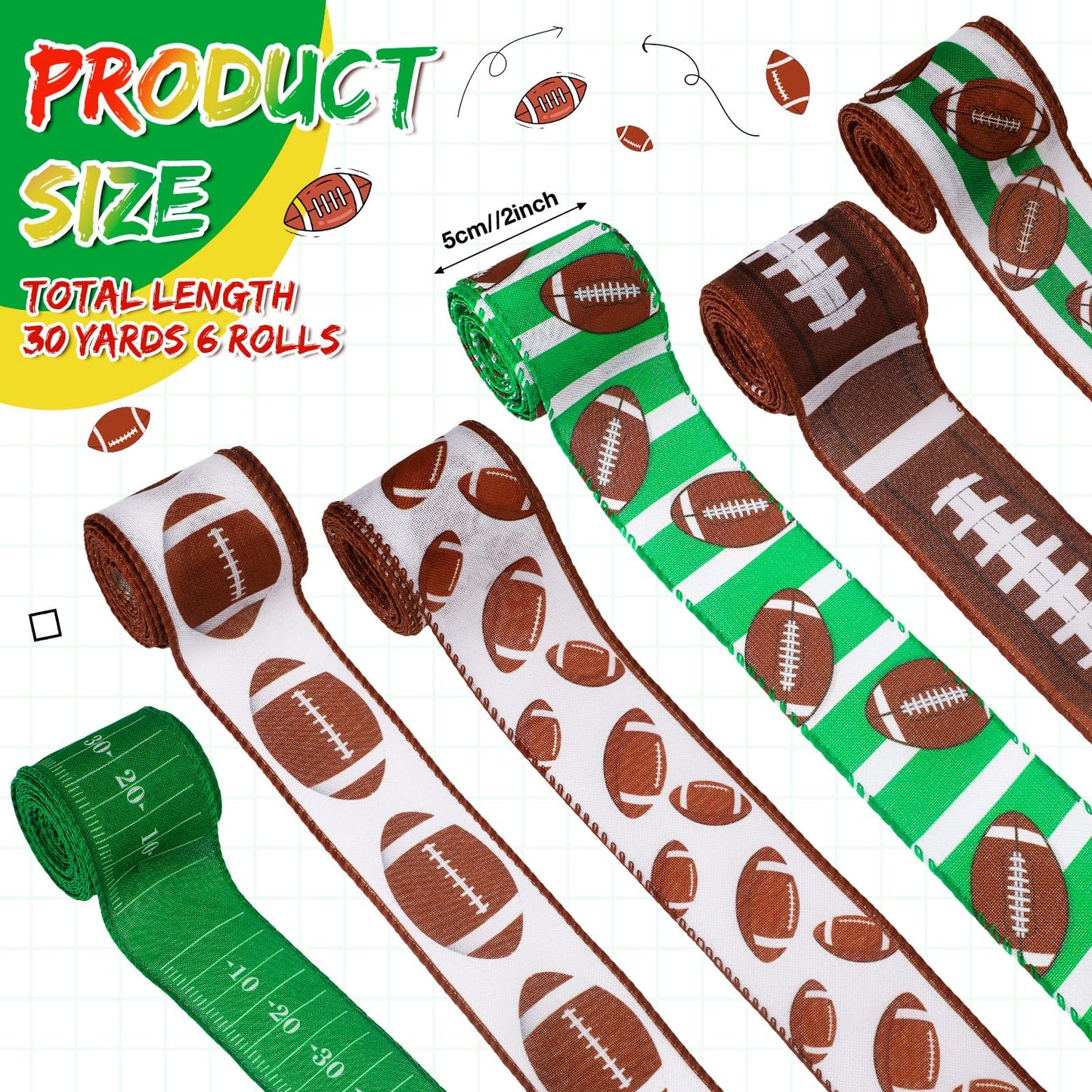 Tigeen 6 Roll Football Wired Edge Ribbon Ball Field Pattern Craft Ribbon Team Sports Burlap Rolls for Wreath Gift Wrapping Bow Sewing DIY Crafts Party Decor, 2 Inch x 30 Yards
