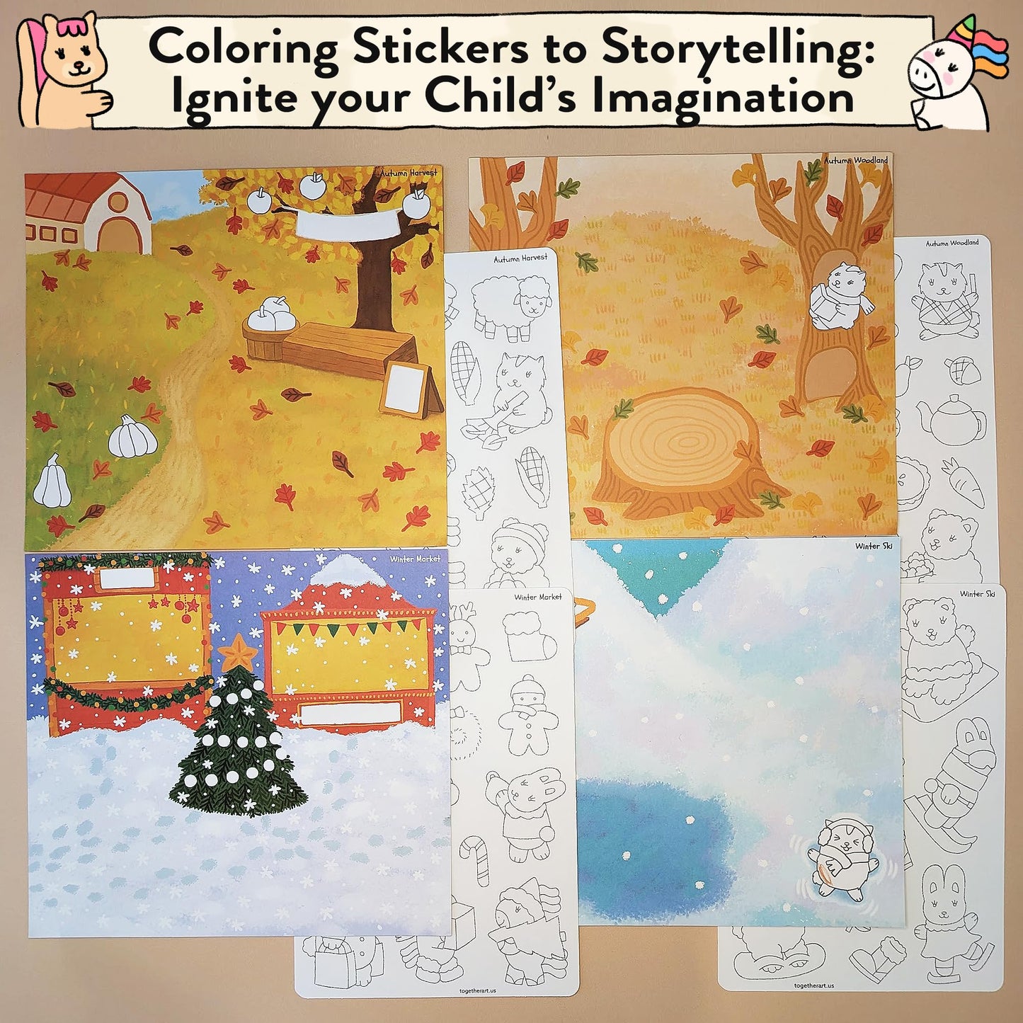Together Art Seasonal Splendor: Color Your Own Stickers Storytelling Kit - 4 Seasons in 1 DIY Craft for Kids Ages 3+ (Camping, Beach, Christmas) - Road Trip Travel Activities & Homeschool Art Supplies