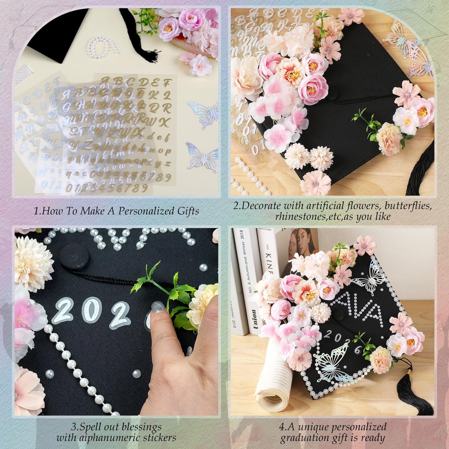 VISSTREE DIY Graduation Cap Decorations, 15 Pcs 2026 Grad Cap Decorations Kit with Glitter Religious Saying Alphabet Sticker Flower Stickers for Class of 2026 Craft Gifts Graduate Party Decor Supplies