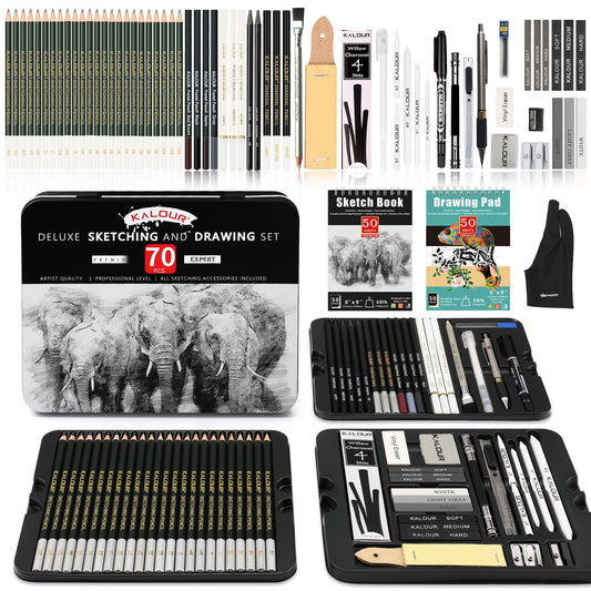 KALOUR 72-Pack Sketch Drawing Pencils Kit with Sketchbook and 3-color Drawing Paper,Tin Box,Include Graphite,Charcoal,Drawing Glove and Artists Tools,Pro Art Drawing Supplies for Adults Beginner