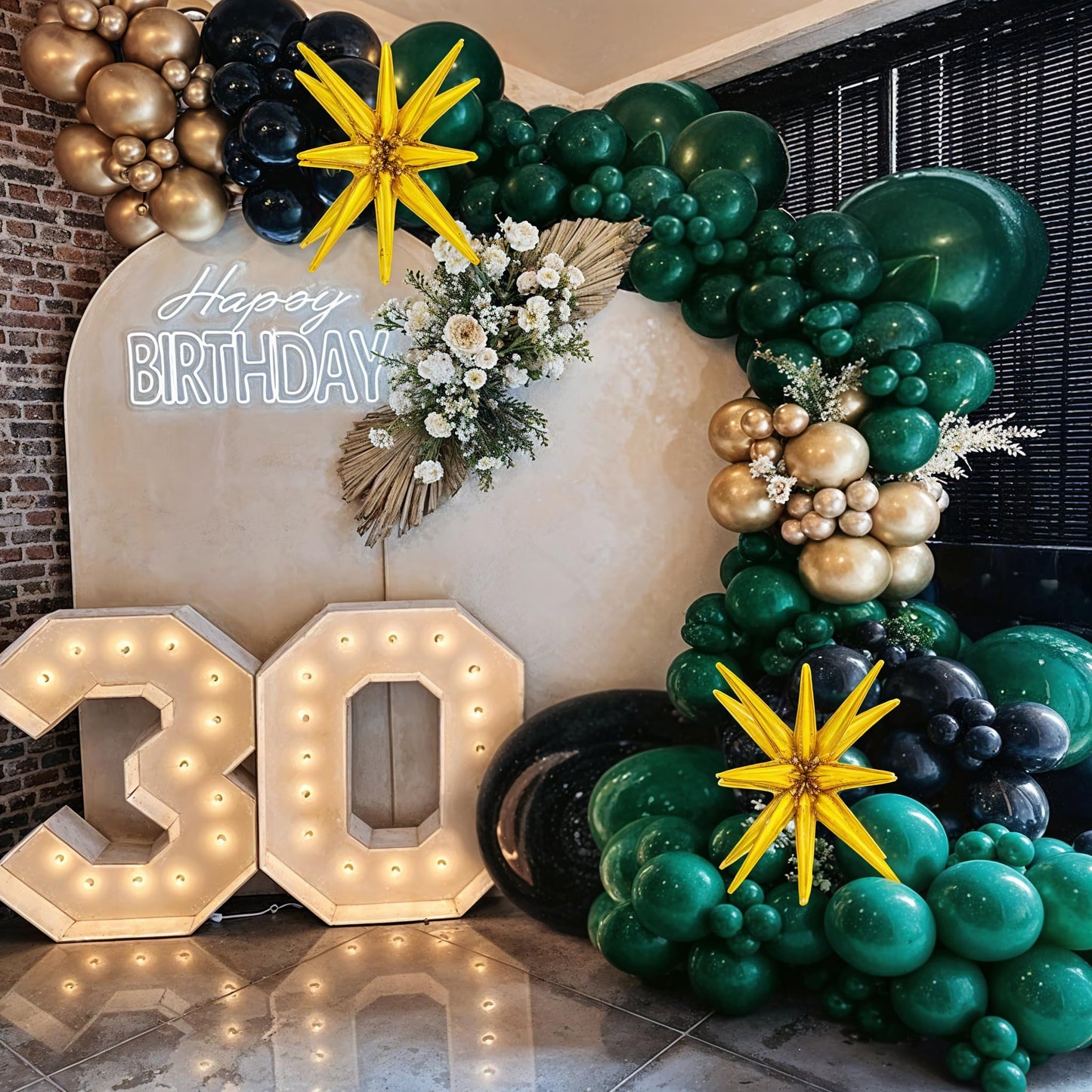 Dark Green and Black Balloon Arch Kit with Explosion Star Balloons, 123pcs Emerald Green and Confetti Gold Balloon Garland for Birthday Anniversary Bachelorette Grad Father's Day Party Decorations