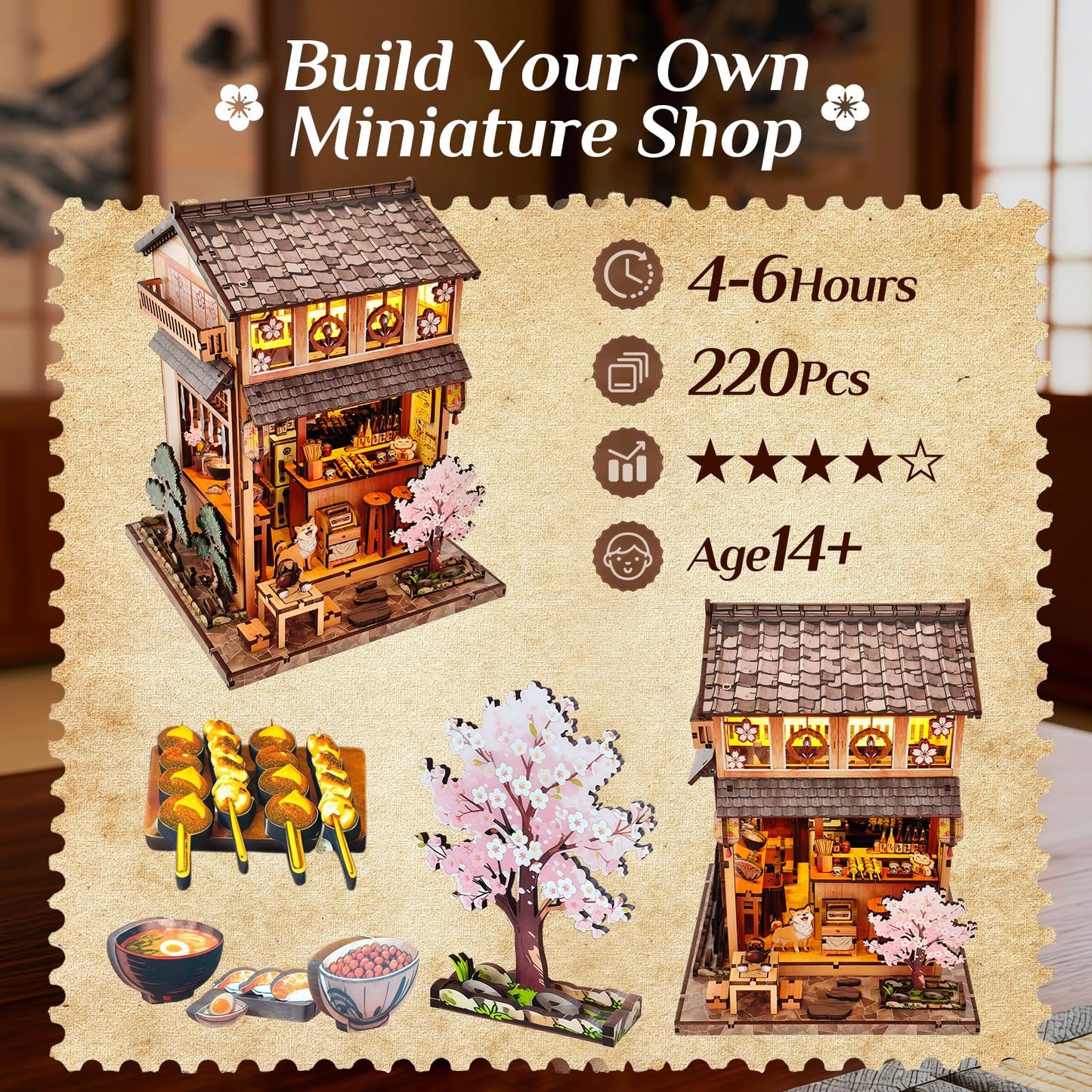 Reenovan Book Nook Kit, DIY Miniature House Kit for Adults & Teens, Japanese Street Shop Scene Bookshelf Insert Decor with LED, 3D Wooden Puzzle Gift for Book Lovers (Sakura Street Shop)