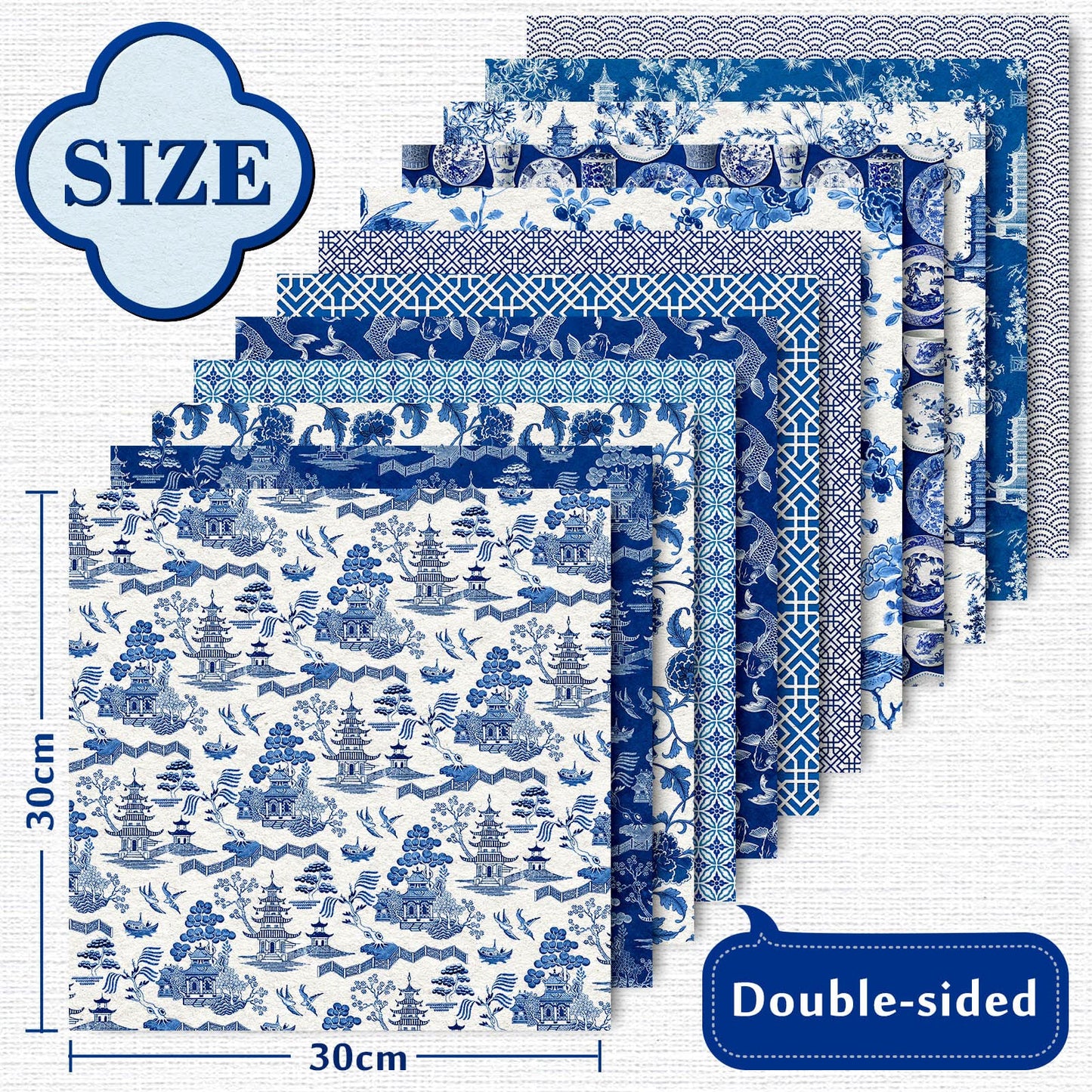 Whaline 24 Sheets Chinoiserie Pattern Paper 12 Design Blue China Scrapbook Specialty Double-Sided Collection Oriental Decorative Craft Paper for DIY Card Making Photo Album Journal Decor