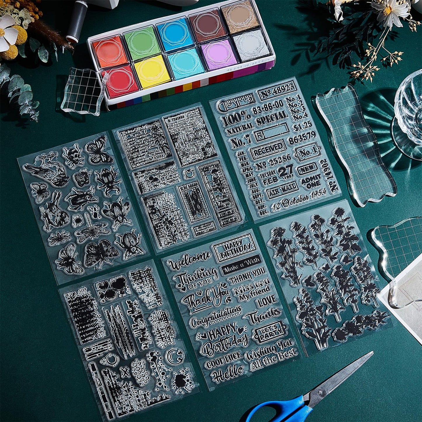 GLASSWINDS 29 Pcs Acrylic Stamps for Crafting Card Making Supplies Set Include 3 Acrylic Clear Stamp Blocks, 6 Clear Silicone Stamps Seals, 20 Craft Ink Pads Stamp for DIY Scrapbooking Journal