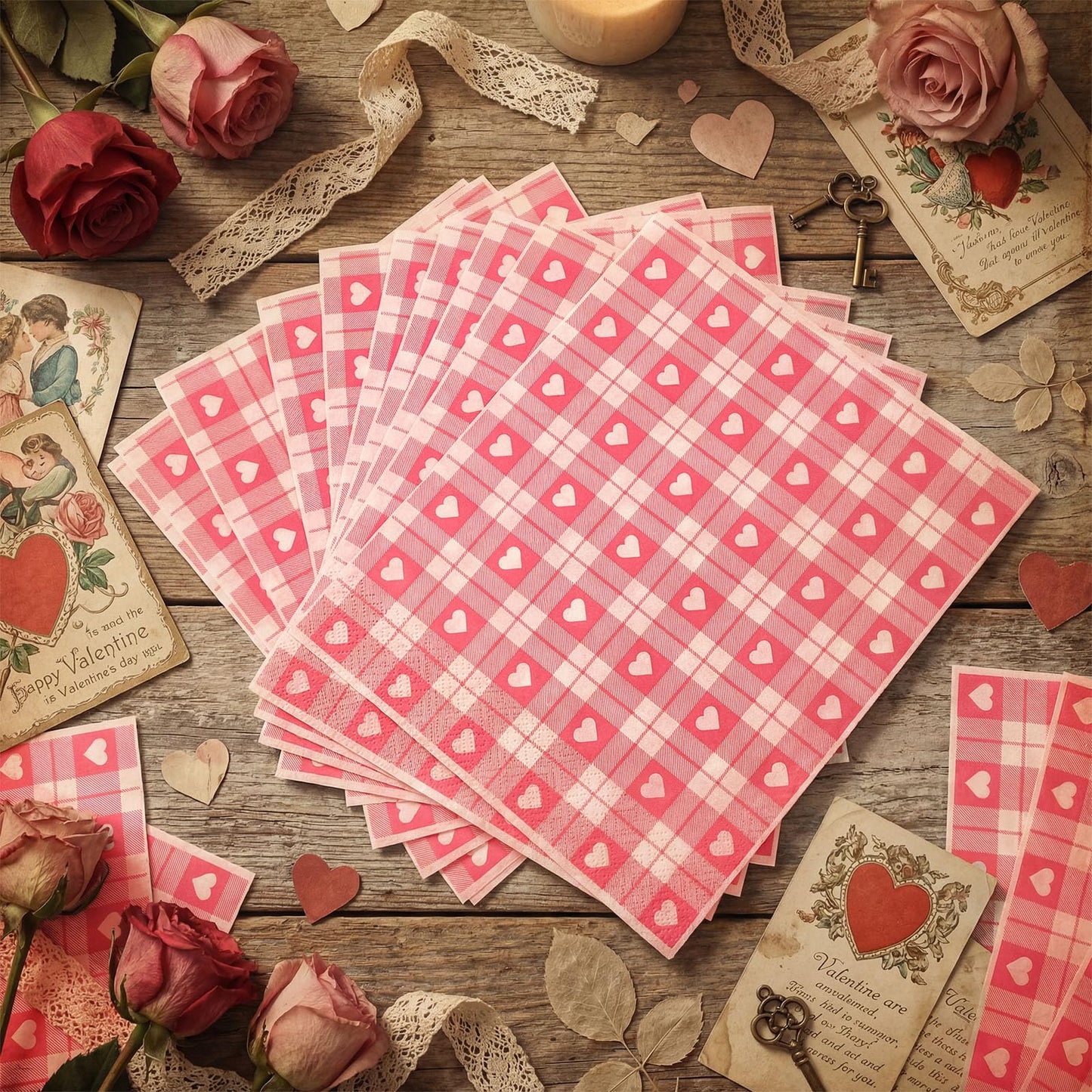 Honeydak 150 Pieces Valentines Wax Paper Sheets Heart Decorative Parchment Sheets Food Basket Liner Greaseproof Paper Liners for Baking Valentines Day Party Favors(Pink Plaid Heart)