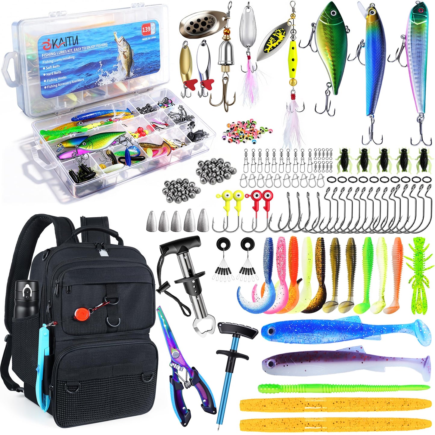 SKAITU Fishing Backpack with Tackle Boxes and Rod Holder, 24L Fishing Sling Bag with Fishing Lures Kit, Fishing Gear Bag Gifts for Men Women - Black Backpack
