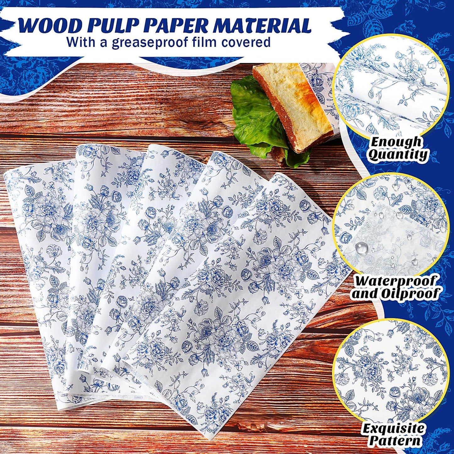 Marspark 100 Sheets Blue Floral Wax Paper for Food Wrapping 11.4 x 11 Inches Spring Floral Food Basket Parchment Paper for Picnic Wedding Candy Cookies Baking Sandwich Burgers Greaseproof Wrapping