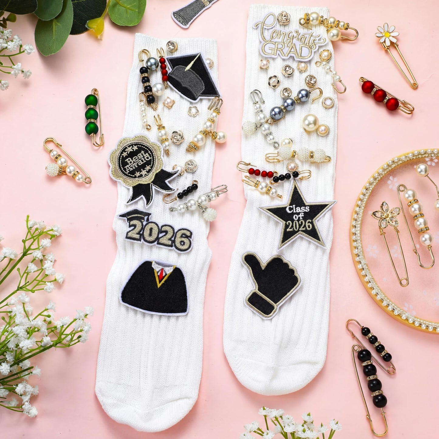 Wavwavw 35 Pcs Graduation Junk Sock Charms with 8 Graduate Iron-on Patches, Class of 2026 DIY Sock Pins Jewelry Accessories Graduation Shoes Brooch Accessories for Women Clothes Hats Scarf Shawl