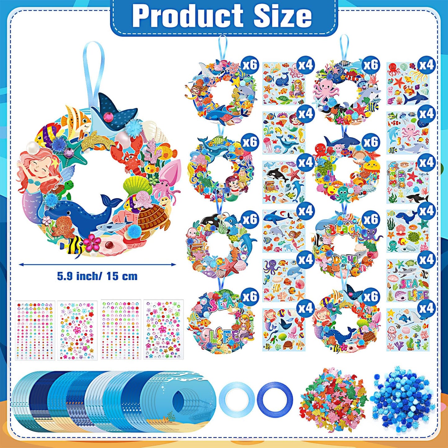 Hollowfly 48 Sets Summer Ocean Wreath Craft Kits DIY Under The Sea Wreath Hanging Ornaments Ocean Make Your Own Paper Craft with Stickers for Home Summer Sea Beach Party Favors Activities