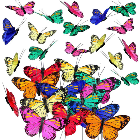 Ysleen 12 Set Monarch Butterfly Decoration Artificial Butterflies Feather Picks with Wire for Crafts Fake Floral Flower Bouquet Party Supplies Spring Summer Decor(4 x 2.4 Inch,Bright Color)