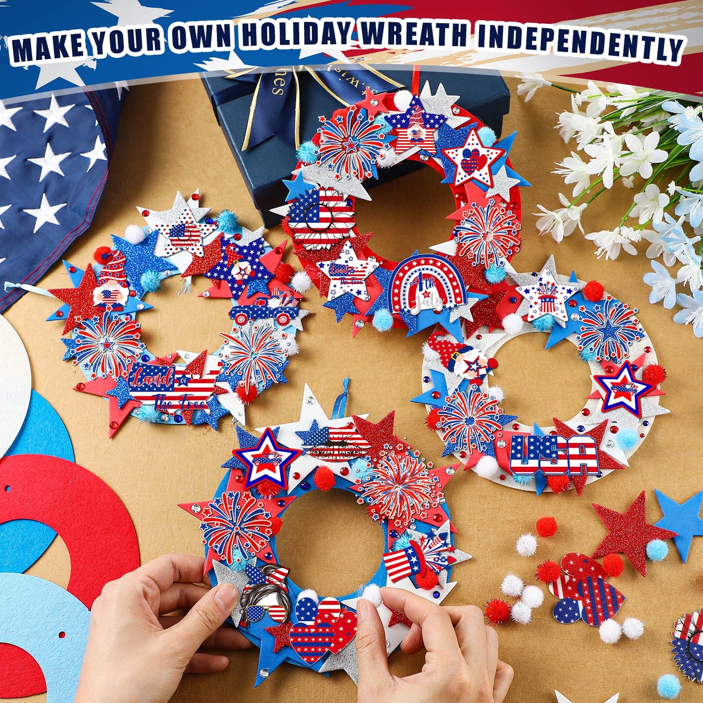 SmoothNovelty 405 Pcs 4th of July DIY Craft Kits Memorial Day Crafts Wreaths Patriotic Wreath Kits 32 Pcs Foam Wreath with 373 Patriotic Stickers for 250th Anniversary Independence Day Party Supplies