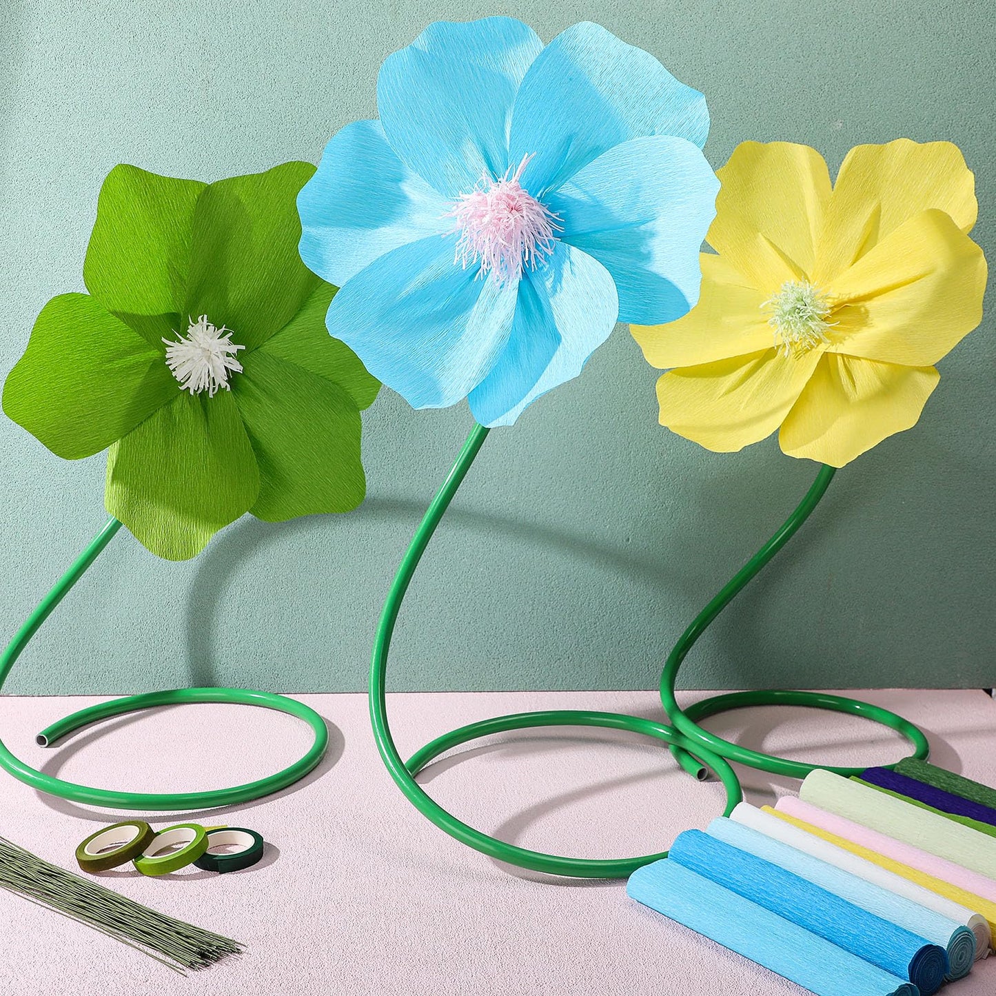 Gilprop 116 Pcs Crepe Paper Flower Stem DIY Kits Set, Include 9.8 x 98 in Crepe Paper Sheet 14.76 Ft Floral Iron Wire for Flower Making Birthday Parties Weddings Festival Decor(Blue)