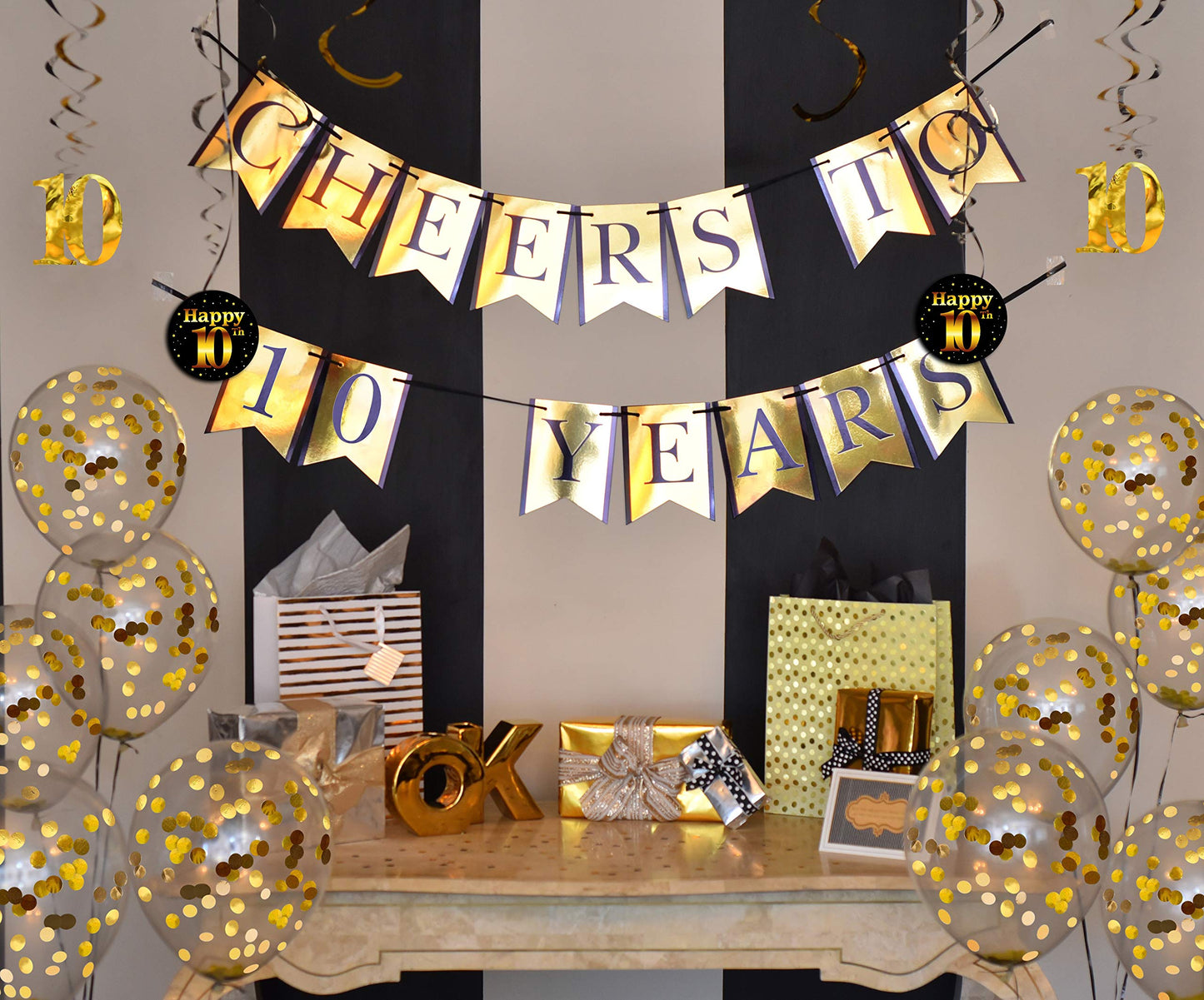 10th Birthday and Anniversary Decorations Party Pack - Pre-Strung Banner, Balloons, Swirls - 10th Birthday Decorations for Him or Her - Party Supplies and Gifts