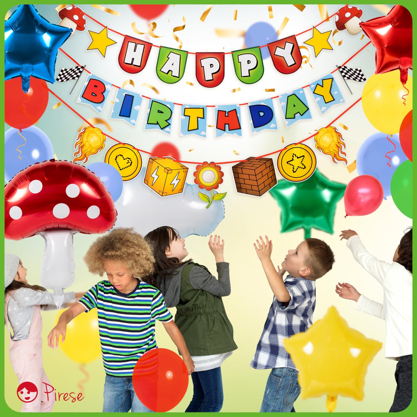 Pirese Retro Game Birthday Decorations, Video Game Birthday Banner Party Kit with Balloons, Pre-Strung Gamer Birthday Party Supplies for Kids, Fun Land Arcade Theme Decor