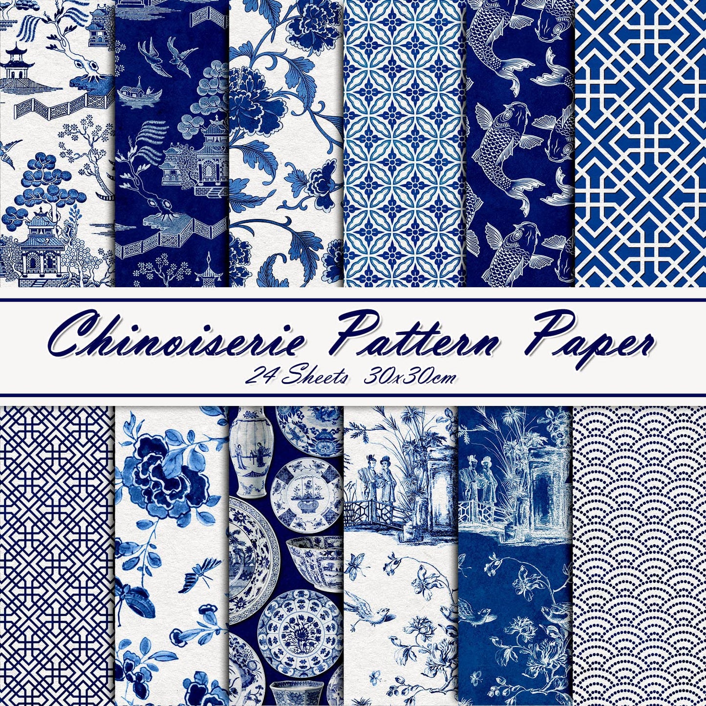 Whaline 24 Sheets Chinoiserie Pattern Paper 12 Design Blue China Scrapbook Specialty Double-Sided Collection Oriental Decorative Craft Paper for DIY Card Making Photo Album Journal Decor