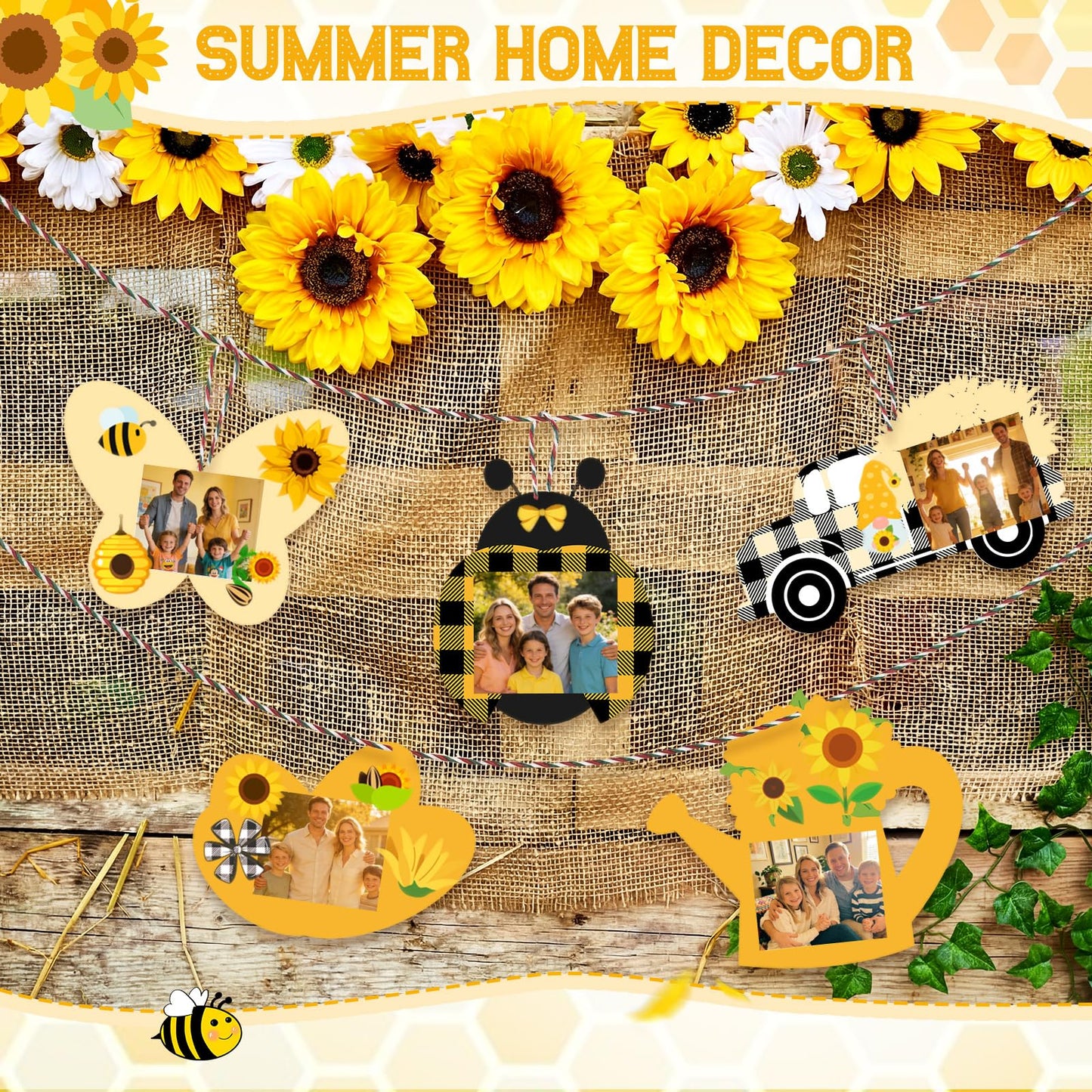 Cholemy 48pcs Sunflower Bee DIY Photo Frame Craft Kit for Kids, Hanging Ornament with Stickers, Summer Bee Ladybug Butterfly Truck Shapes for Party Favors, Classroom & Home Decor(Summer Style)