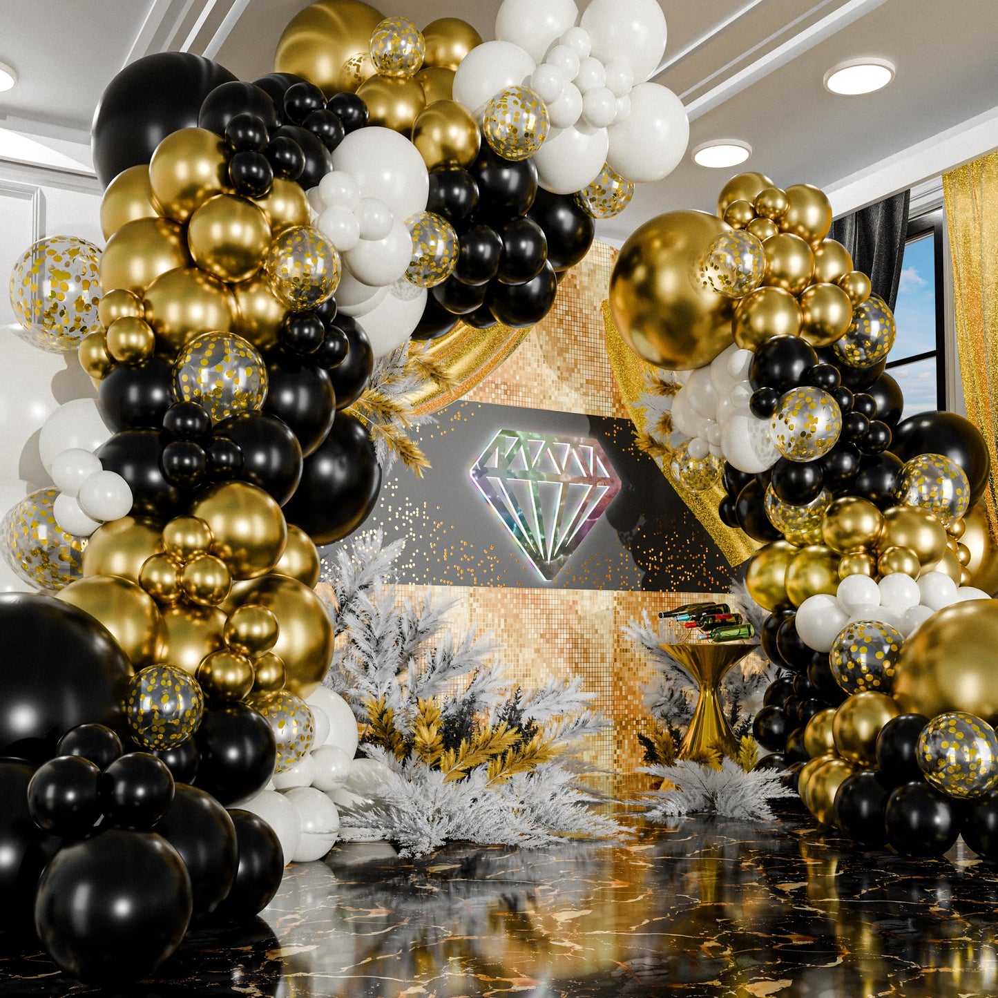 ALL-IN-1 Black White Gold Balloons Garland Kit & Arch – Small and Large Black White and Gold Balloons with Confetti – Black and Gold Party Decorations for Graduations, New Years, Birthday