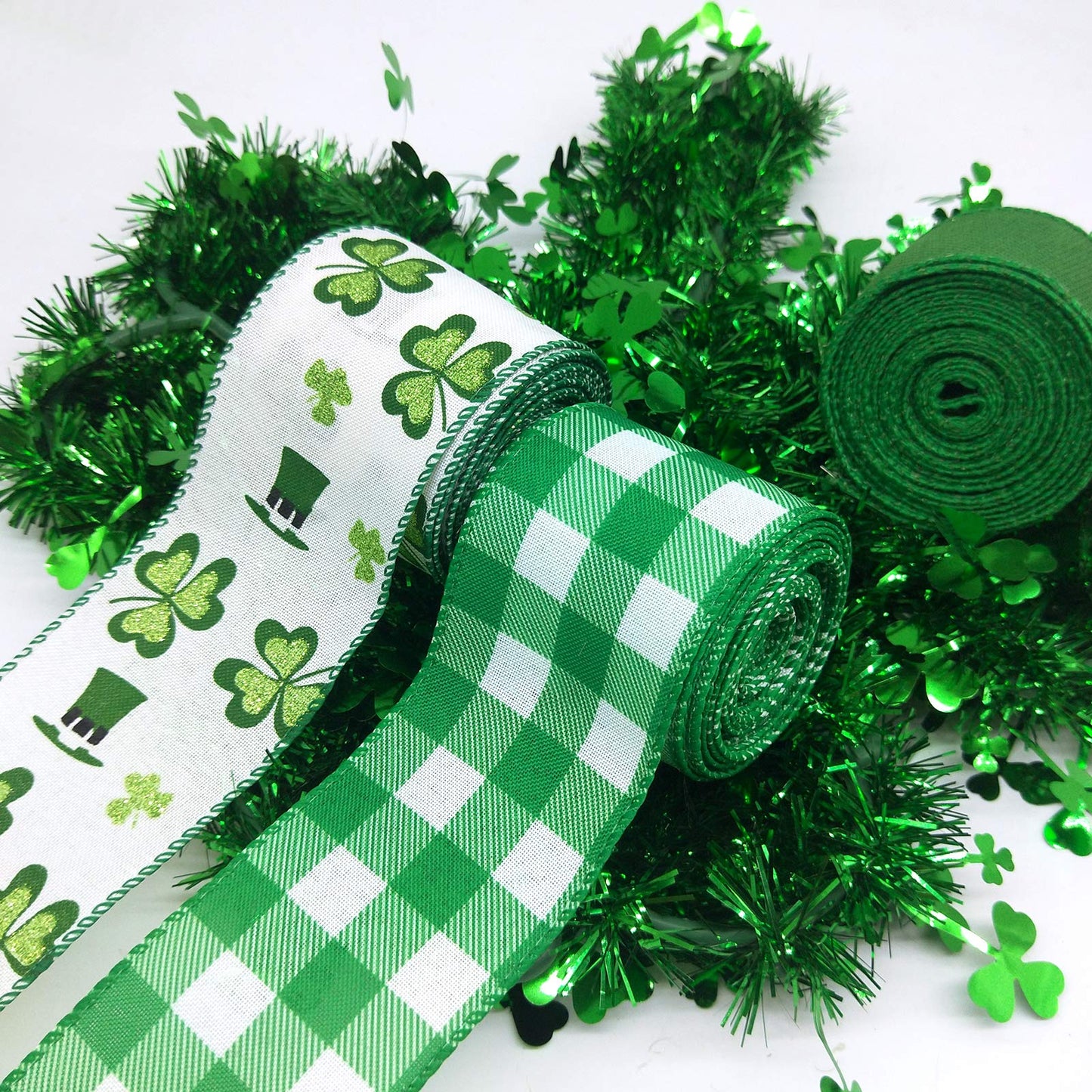 Tlswshsy 4 Rolls Shamrock Wired Edge Ribbon - 2.5''×24 Yard St Patrick's Day Green Wired Ribbon, Burlap Plaid Shamrock Fabric Craft Irish Ribbons for Gift Wrapping, Wedding Birthday Crafts Decorations