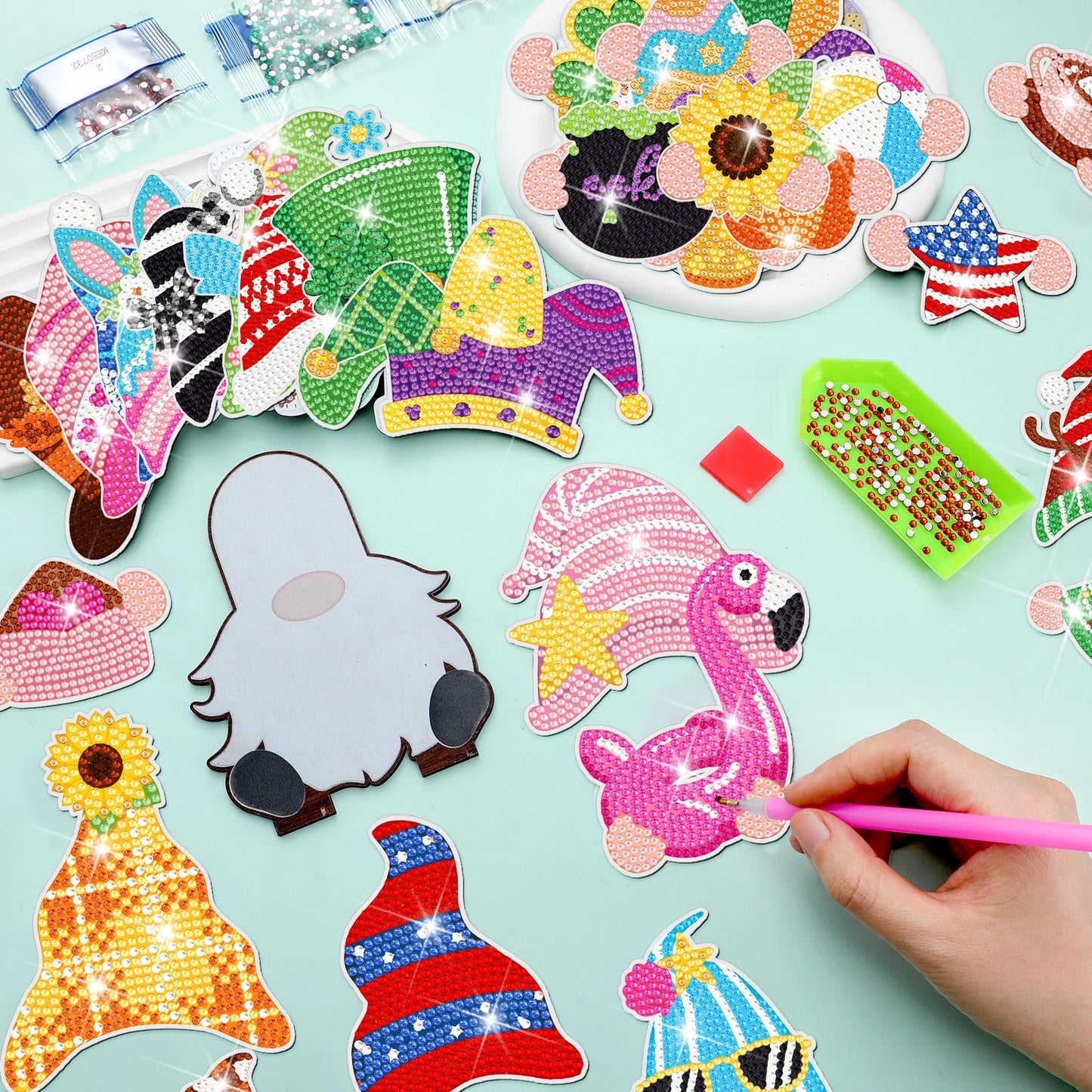 DoubleFill 42 Pcs Summer Diamond Kits 4th of July Interchangeable Wooden Table Decorations DIY Summer Holiday Party Seasonal Tiered Tray Art Decor Diamond Painting Magnets(Gnome)