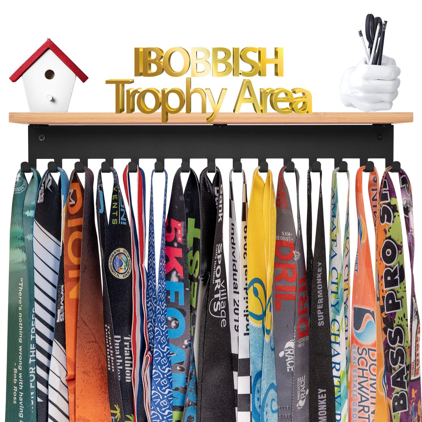 iBobbish Trophy Shelf with Hooks for Medals - Trophy Shelf for Wall Mount Ribbon Display, Trophy Shelves for Gymnastics, Soccer, Wrest,Running Race Medals Awards Rack,Gifts for Runners Luxurious