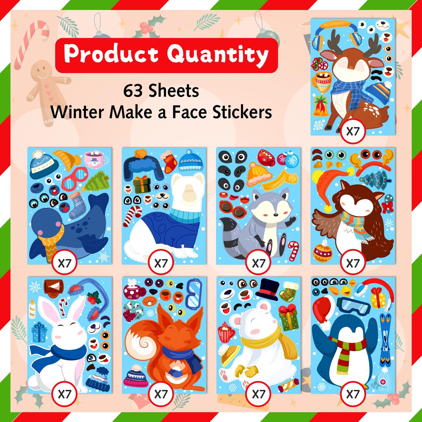 LINAYE 63 Sheets Winter Stickers for Kids Toddlers, Make A Face Winter Animals Crafts Stickers Party Favors Game Activities for Kids Classroom, 9 Designs, Christmas Goodie Treat Bag Stocking Stuffers