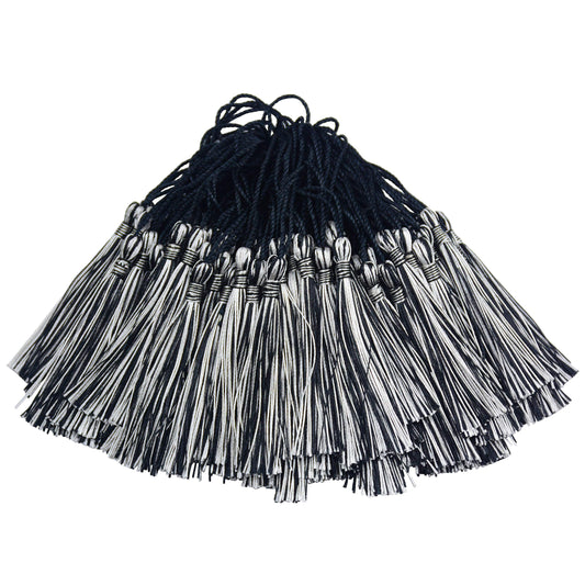 100pcs 13cm/5 Inch Silky Floss Bookmark Tassels with 2-Inch Cord Loop and Small Chinese Knot for Jewelry Making, Souvenir, Bookmarks, DIY Craft Accessory (Black&Silver)