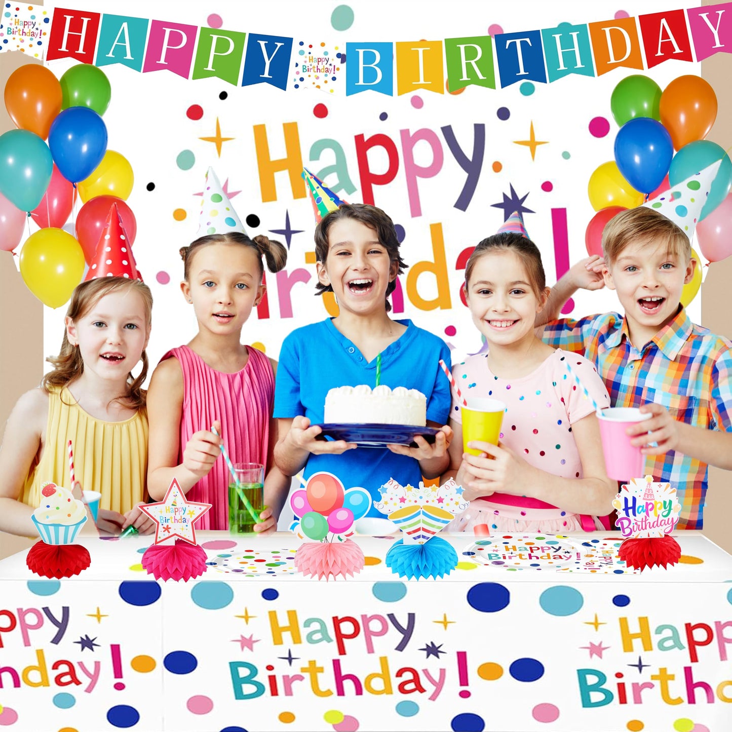 Happy Birthday Decorations Set for Kids - Party Supplies Kit with Honeycomb Balls, Banner, Backdrop, Balloons, Tablecloth, Plates, Napkins- Birthday Party Decor for Boys Girls