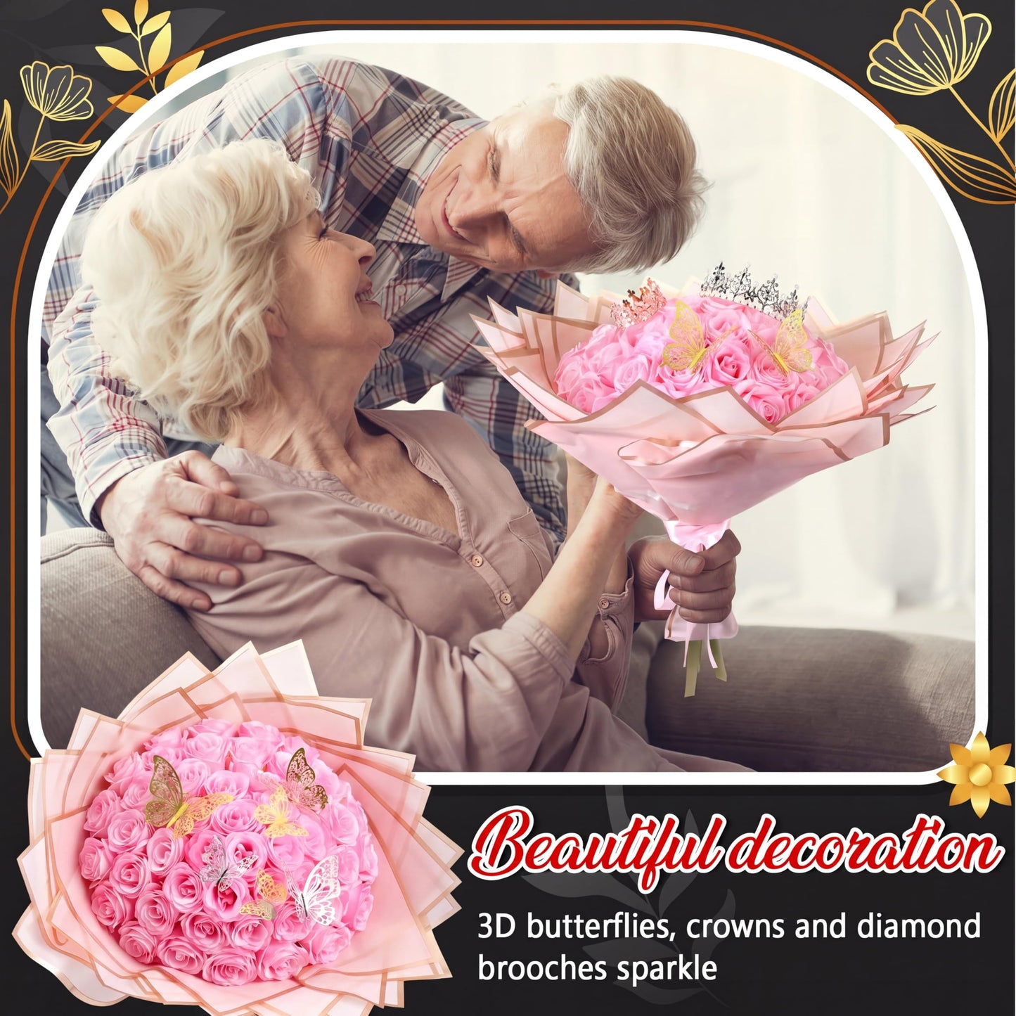 Fullhawl Money Bouquet Kit 48 Sheets Flower Wrapping Paper 48 Butterflies 4 Crowns 18 Cards 150 Bamboo Skewers Flower Bouquet Accessories for Birthday, Graduation, Wedding Gifts(Chic Colors)