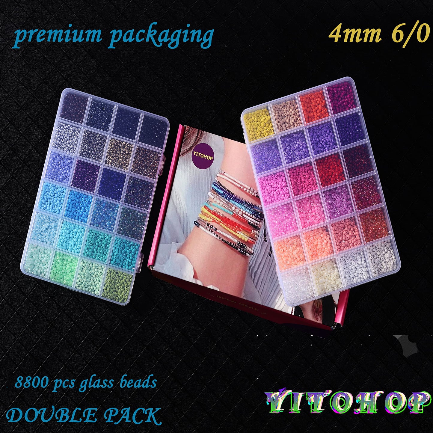 YITOHOP 8800+pcs 4mm 12/0 48 Colors Glass Seed Beads, Charms Bracelet Jewelry Making Beads Kit Gifts for Teen Girls Crafts for Girls Ages 8-12 Holiday Gifts