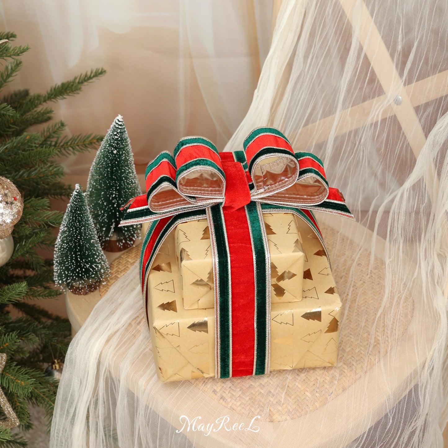MAYREEL 2.5 Inch Christmas Velvet Ribbon with Wired Edge – Red & Green Double Color, 10 Yards Roll – Classic Holiday Craft, Wreath Supplies, Bows, Garlands, Gift Wrapping & Decoration