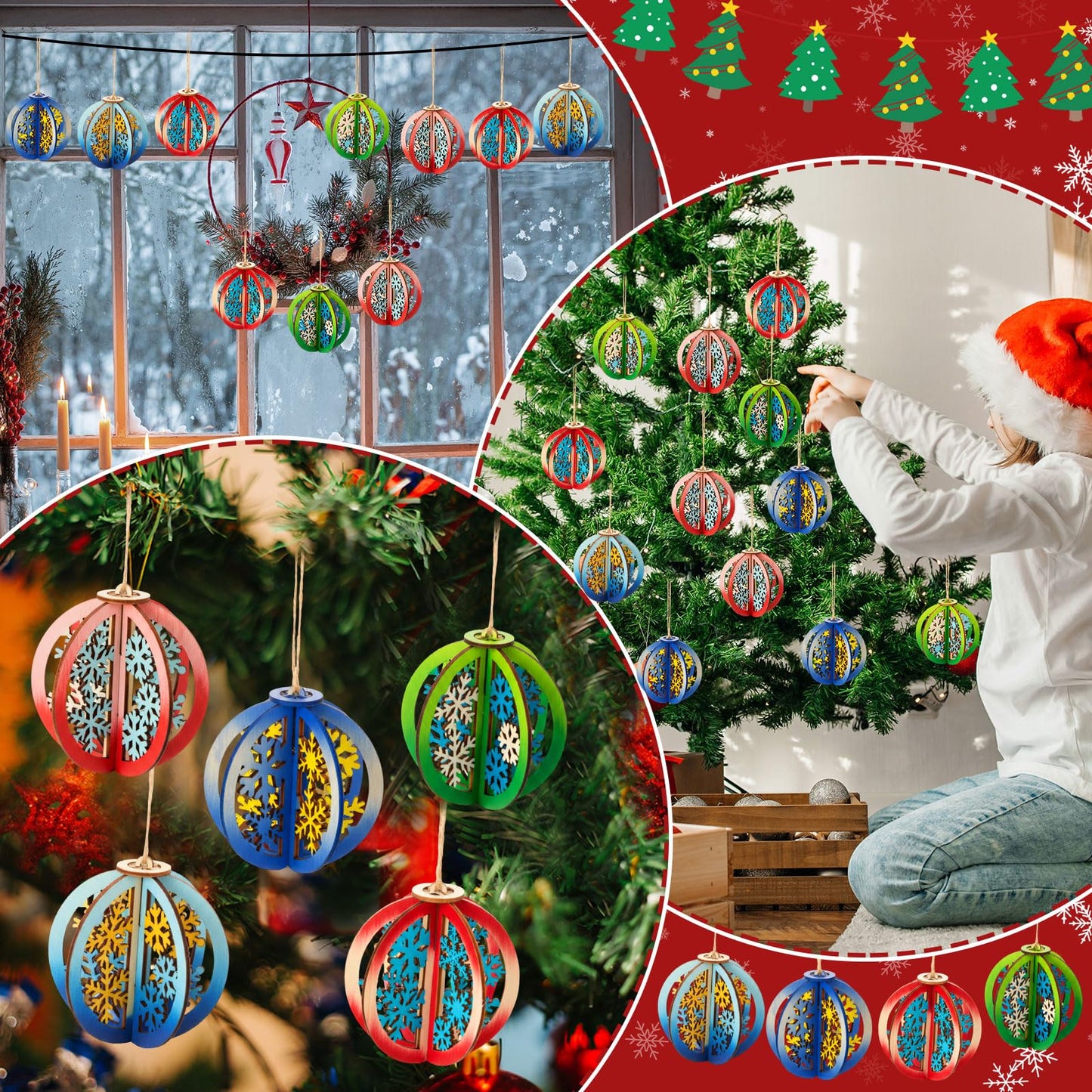 Chunful 72 Pcs DIY Christmas Wood Crafts to Paint 3D Unfinished Wooden Ornaments Christmas Hanging Cutouts Blank Hollow Wood Winter Snowflake Holiday Wooden Slice for Xmas Tree Decorations