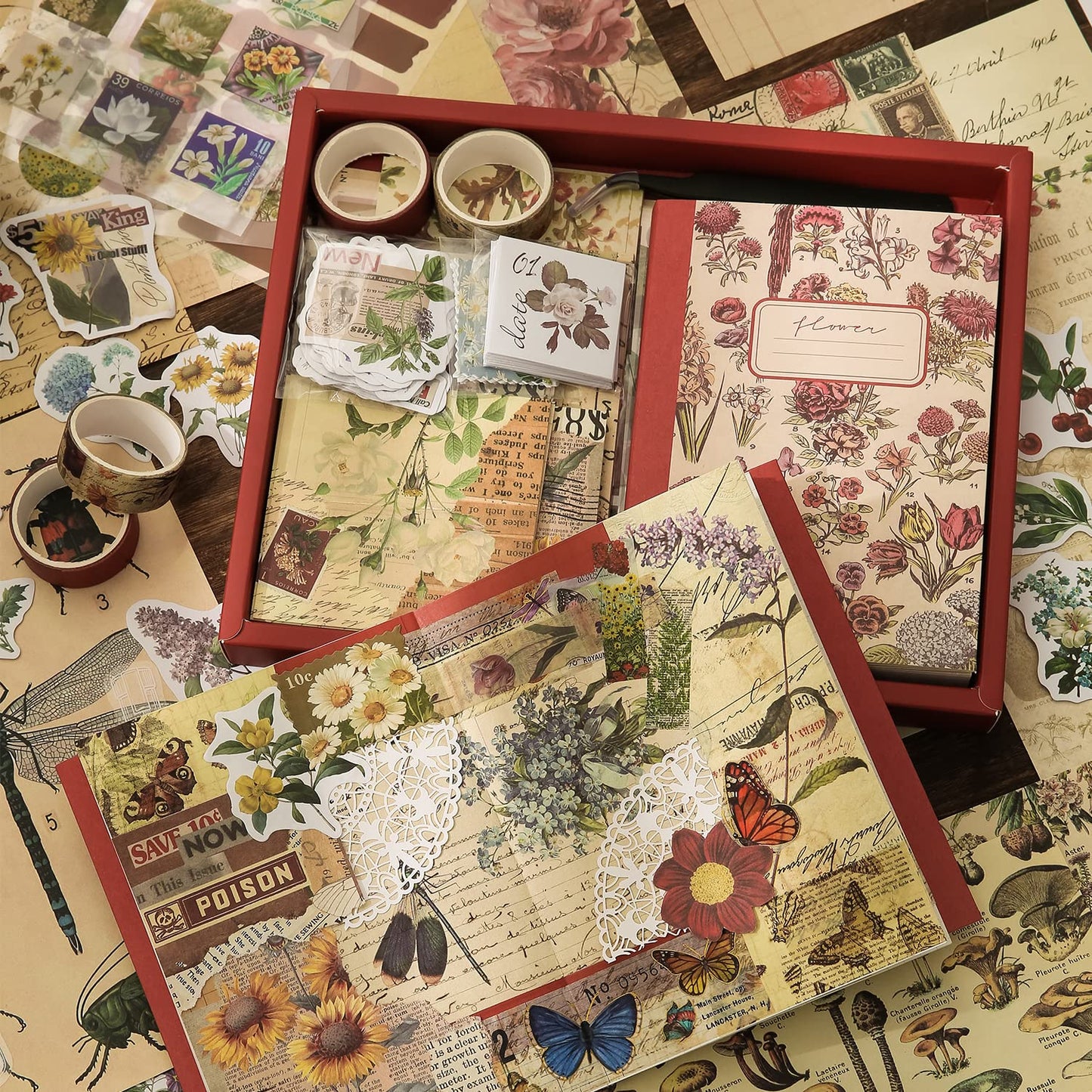 emmoolife Vintage Aesthetic Scrapbooking Supplies Kit, Flowers Botanical Bullet Junk Journal Kit with Journaling Supplies, Tweezers, A6 Grid Notebook,Stationery,Sticker, Birthday Craft Gift for Adult