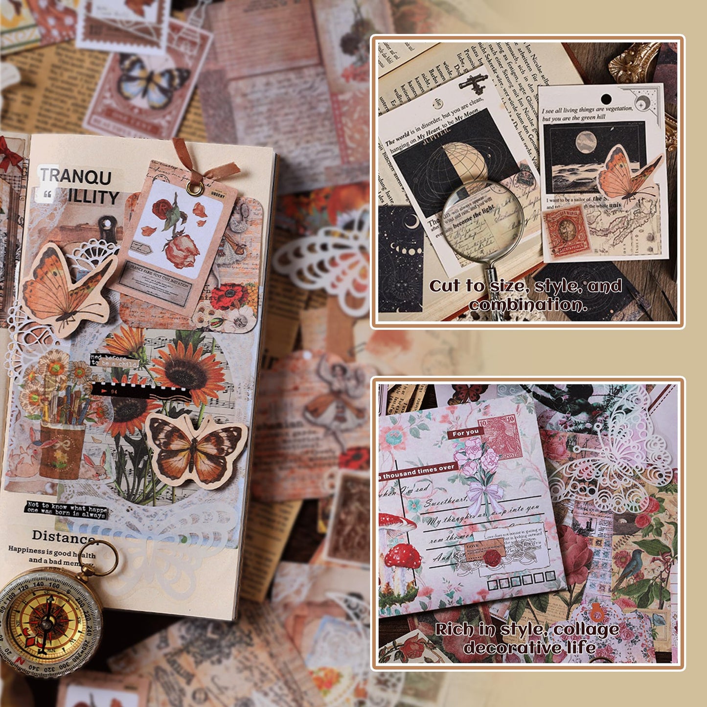 Npcswxq 200Pcs Vintage Scrapbook Paper Sticker Kit, Nature Flowrs Scrapbooking Decals for Junk Journal Supplies Card Making Stationery Album, Collage, Planner, Gift Wrapping Craft