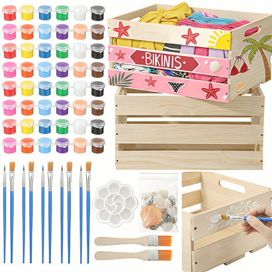 BreezeHug 2 Pack DIY Bikini Box Kit 16.1x11.8x9.4 Inch Unfinished Wooden Crate with 4 Sets of 12 Color Paint 2 Brushes 1 Palette 1 Pack for Custom Beach Themed Crafts Organization