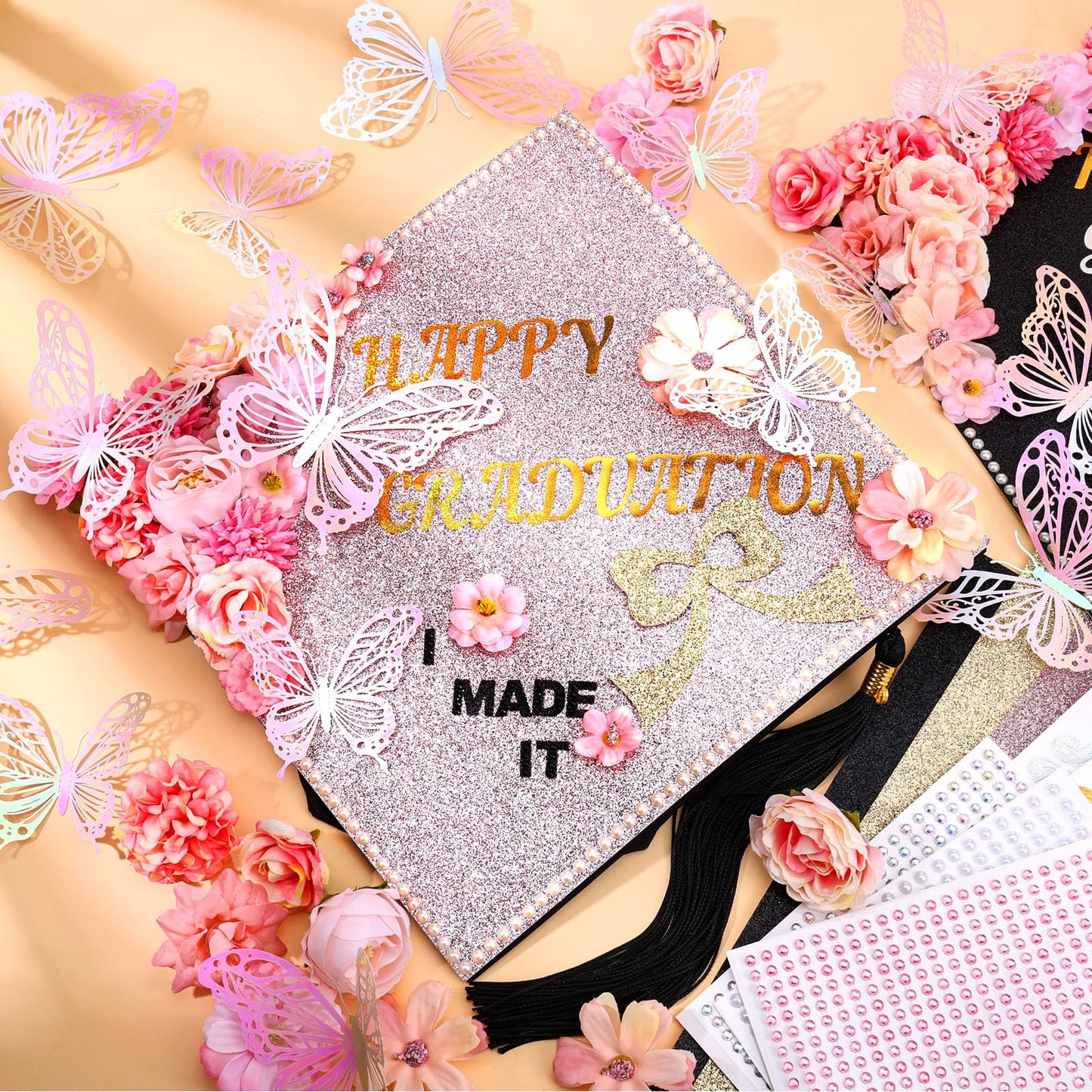 Graduation Cap Decorating Kit DIY Grad Cap Topper Crafts Glitter Cardstock Assorted Artificial Flowers Butterflies Rhinestones Alphabet Stickers Graduation Party Supplies (Pink)