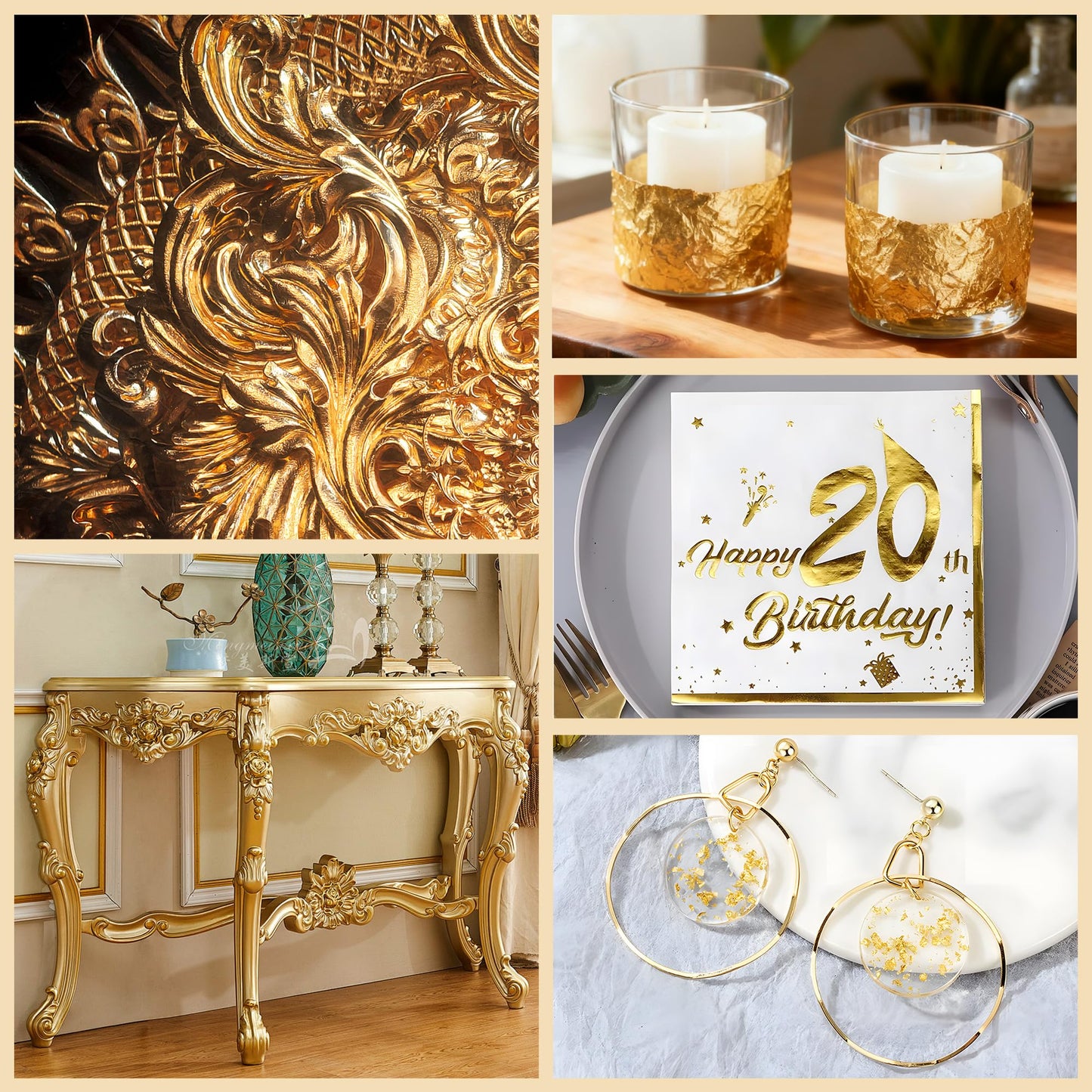 600Pcs Gold Leaf Sheets, 5.1"x5.1" Imitation Transfer Gold Leaf Sheets for Art, No Edible Glitter Gold Flakes Foil Paper Sheets for Nail Painting Jewelry Furniture Renovation & Gilding DIY Crafts