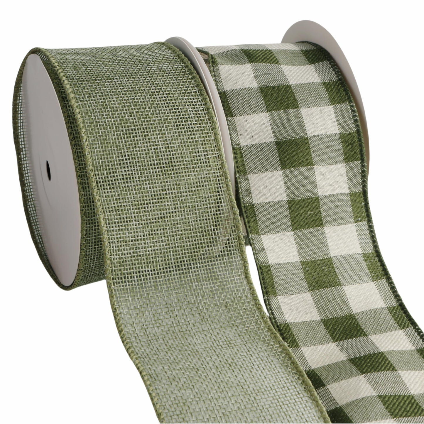 Meseey 2.5 Inch Green Burlap Wired Ribbon Set, 2 Rolls Total 10 Yards Solid Sage Green & Green White Buffalo Check Wired Edge Ribbons for Gift Wrapping, Wreaths, Crafts, Farmhouse Home Decorations