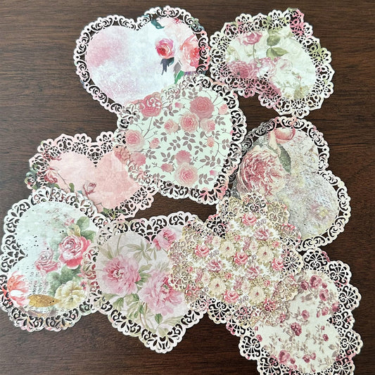 XERE 20 Pink Lace Paper Scrapbook Supplies, Aesthetic Cute Vintage Decor for Photo Album, Sketch Book, Gratitude Journal Notebook, Scrapbook Album, Diary, Bullet Journal – Heart Paper Lace