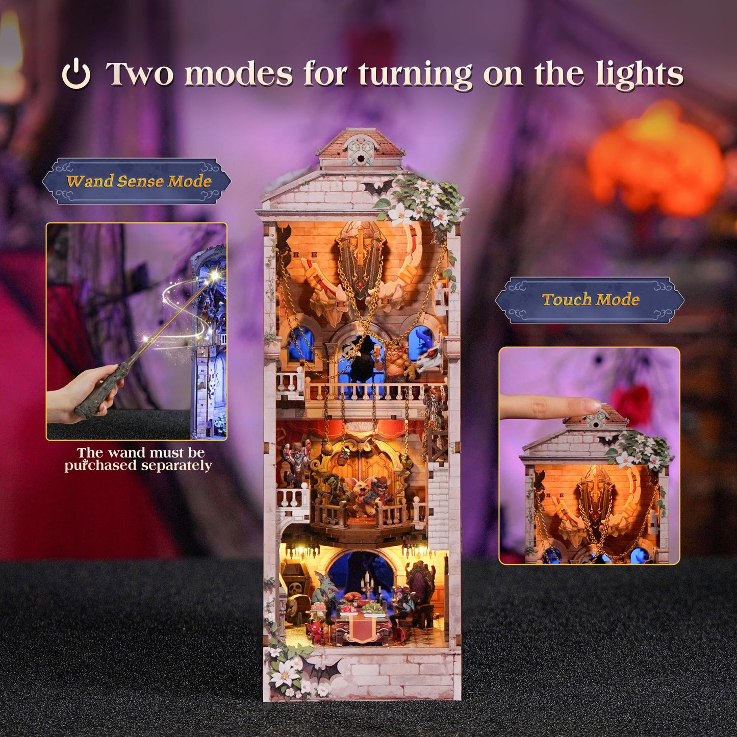 Tonecheer DIY Book Nook Kit for Adults, Double-Sided Booknook Wooden 3D Puzzle Bookend Miniature House Kit, Fantasy Bookshelf Decor with Dust Cover and LED Light for Birthday Gifts (Monster Carnival)