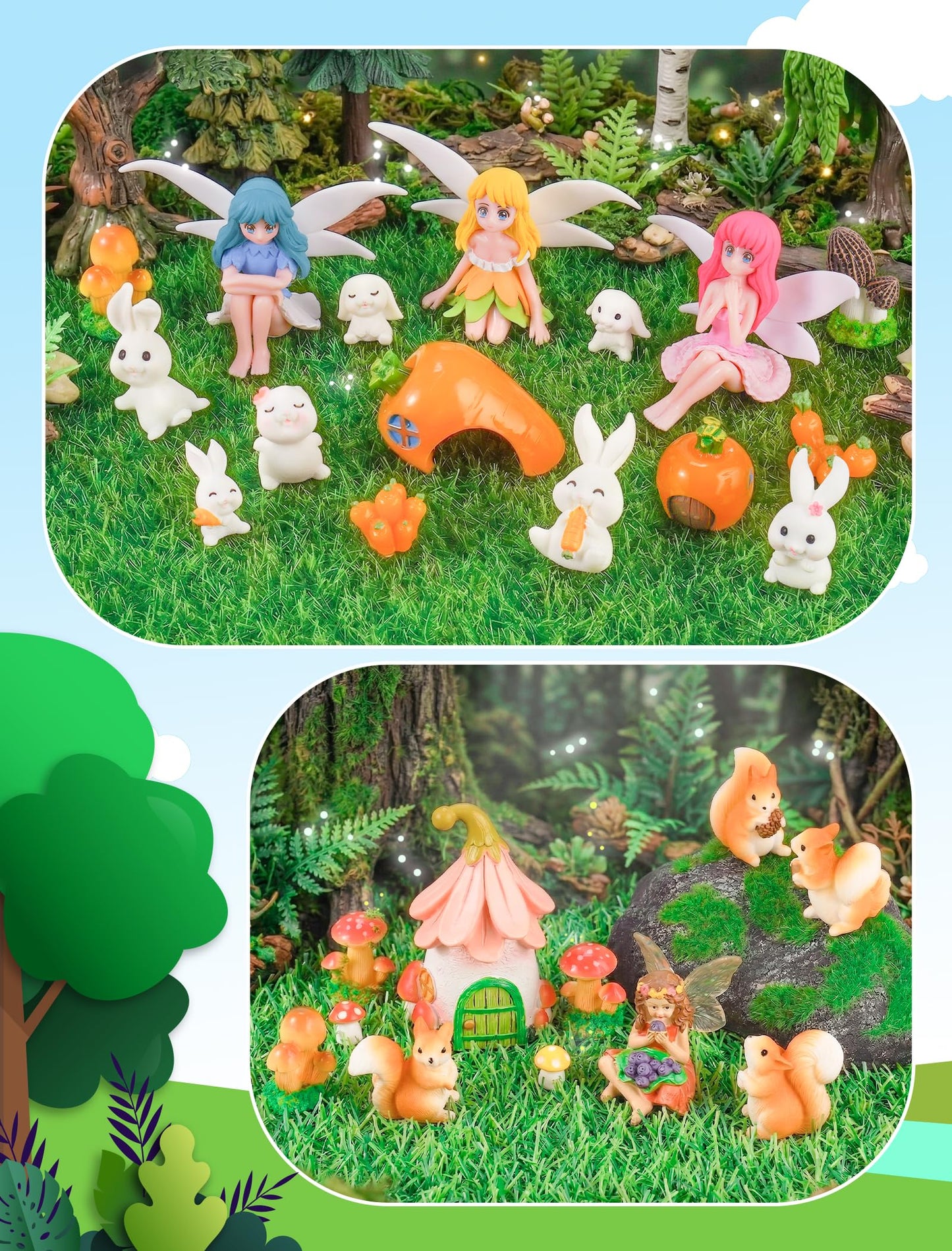 NiToy 50-Piece Mini Fairy Garden Accessories Kit, Resin Fairy House (3.1" H) with 49 Miniature Figurines - Animals, Mushrooms and Fairies for DIY Terrarium, Planter, Flower Pot and Desktop Decor