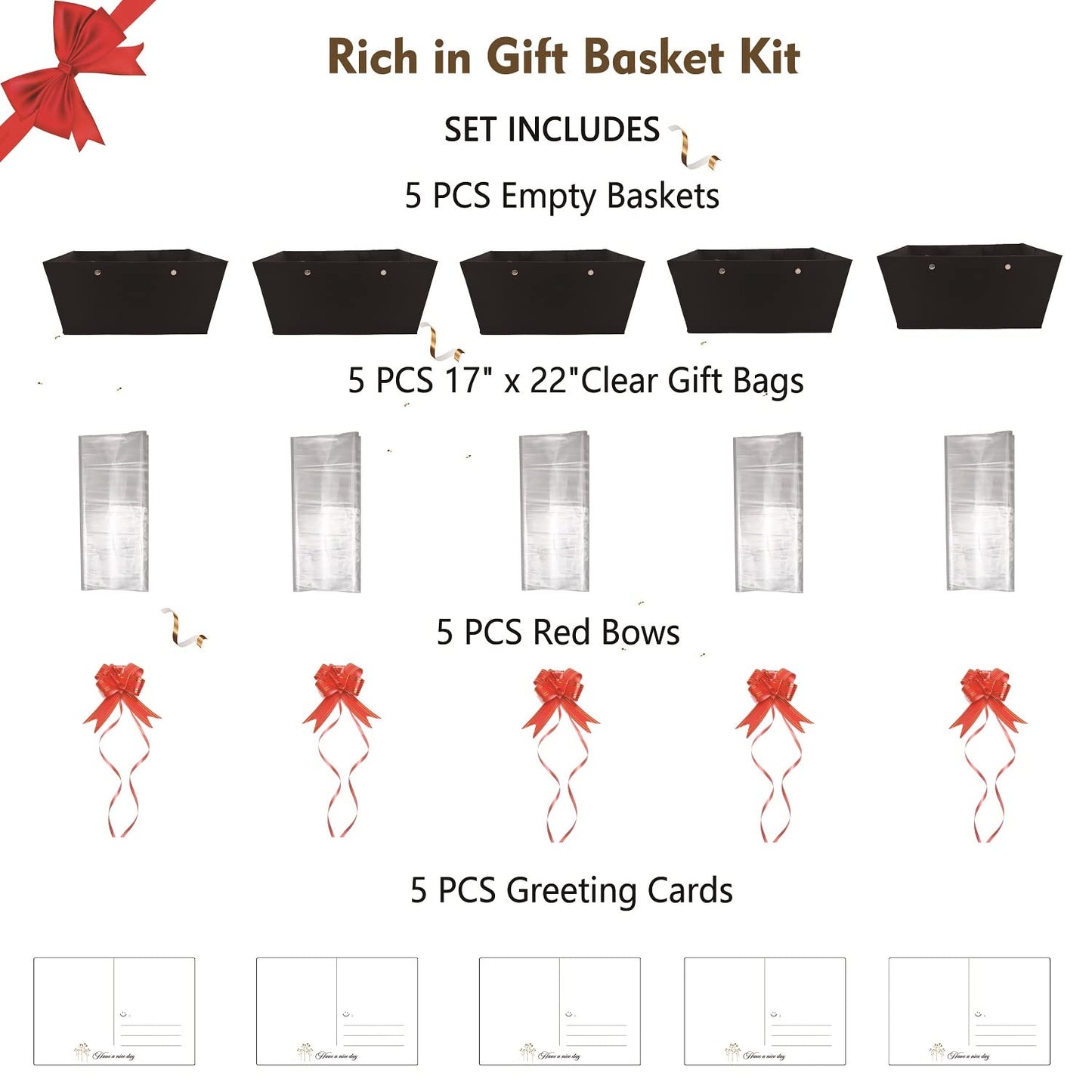 Baskets For Gifts Empty, 5 PCS Black Gift Bags With Handles DIY Kit, Gift Basket Empty To Fill Bulk For Party Favors Wedding Birthday Christmas Halloween Sympathy Thank You