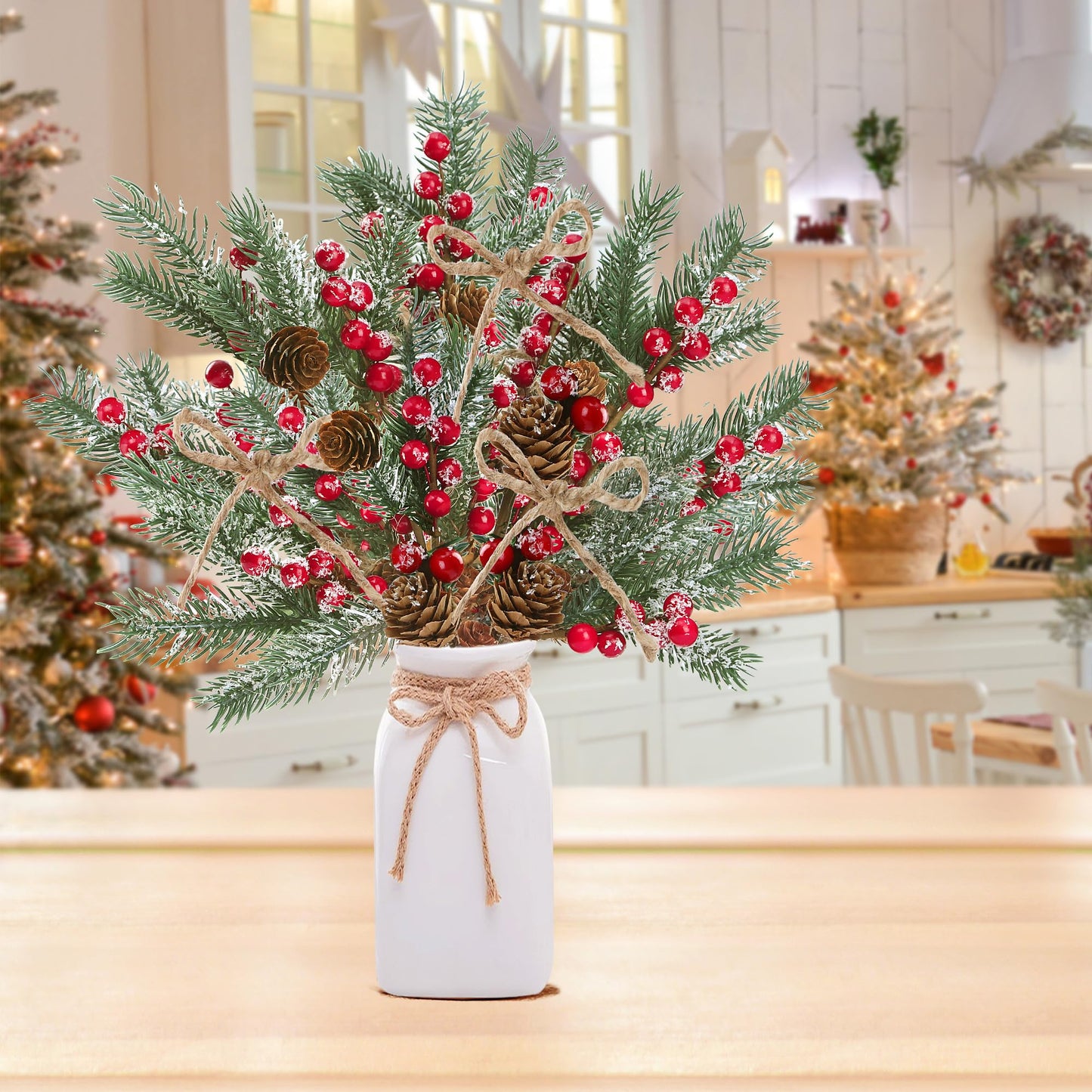 Sggvecsy 15 Pack Snow Frosted Christmas Berries Pine Picks Artificial Red Berry Pine Branches Frosted Faux Pine Stem with Pine Cones Fake Pine Needles for Xmas Tree Wreath DIY Craft Holiday Decor